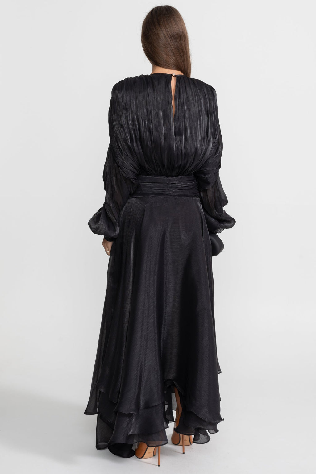 Maxi Dress with Pleated Bodice and Draped Skirt - Black