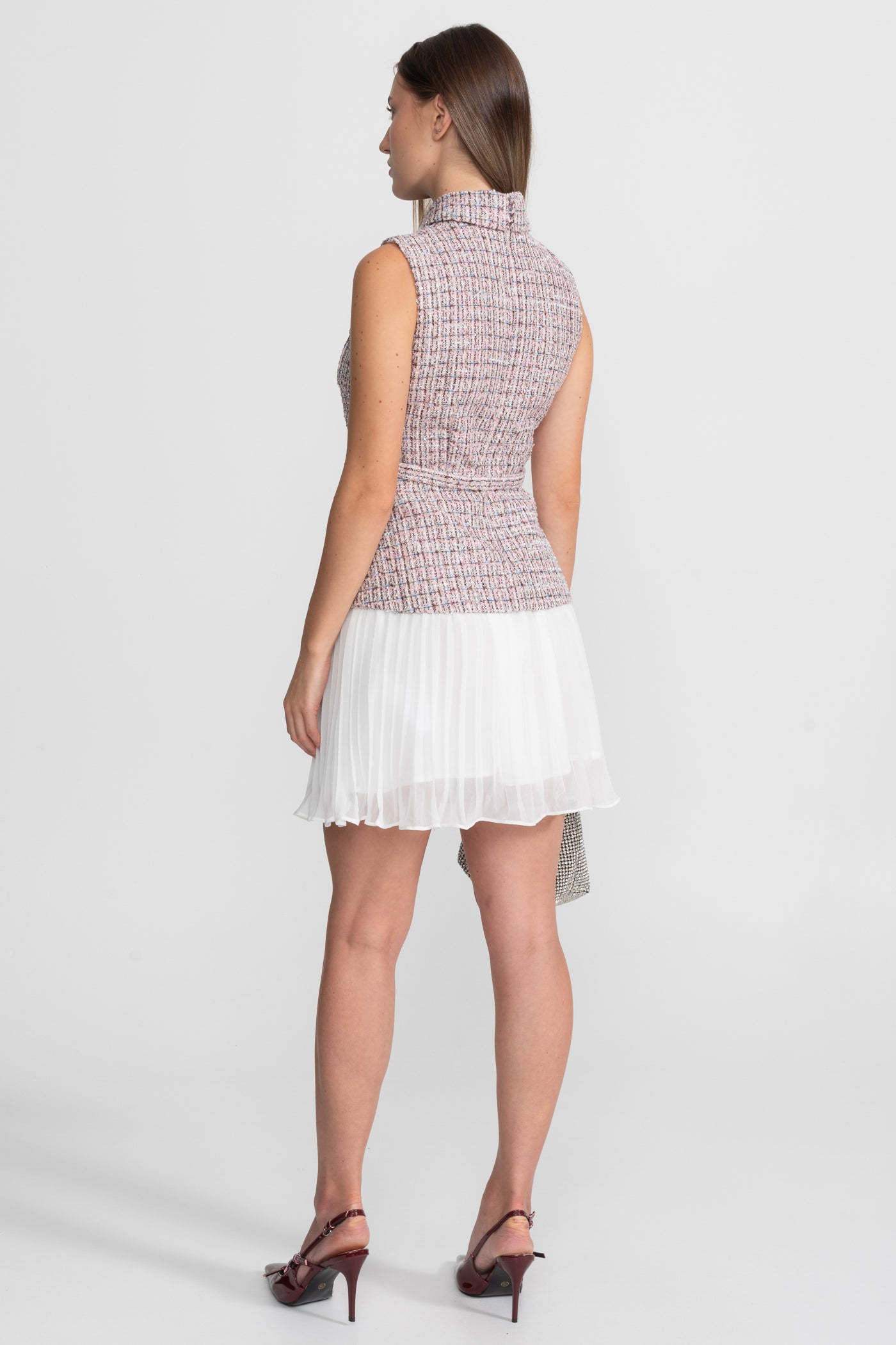 Tweed Vest Dress with Pleated Skirt Detail - Pink/White