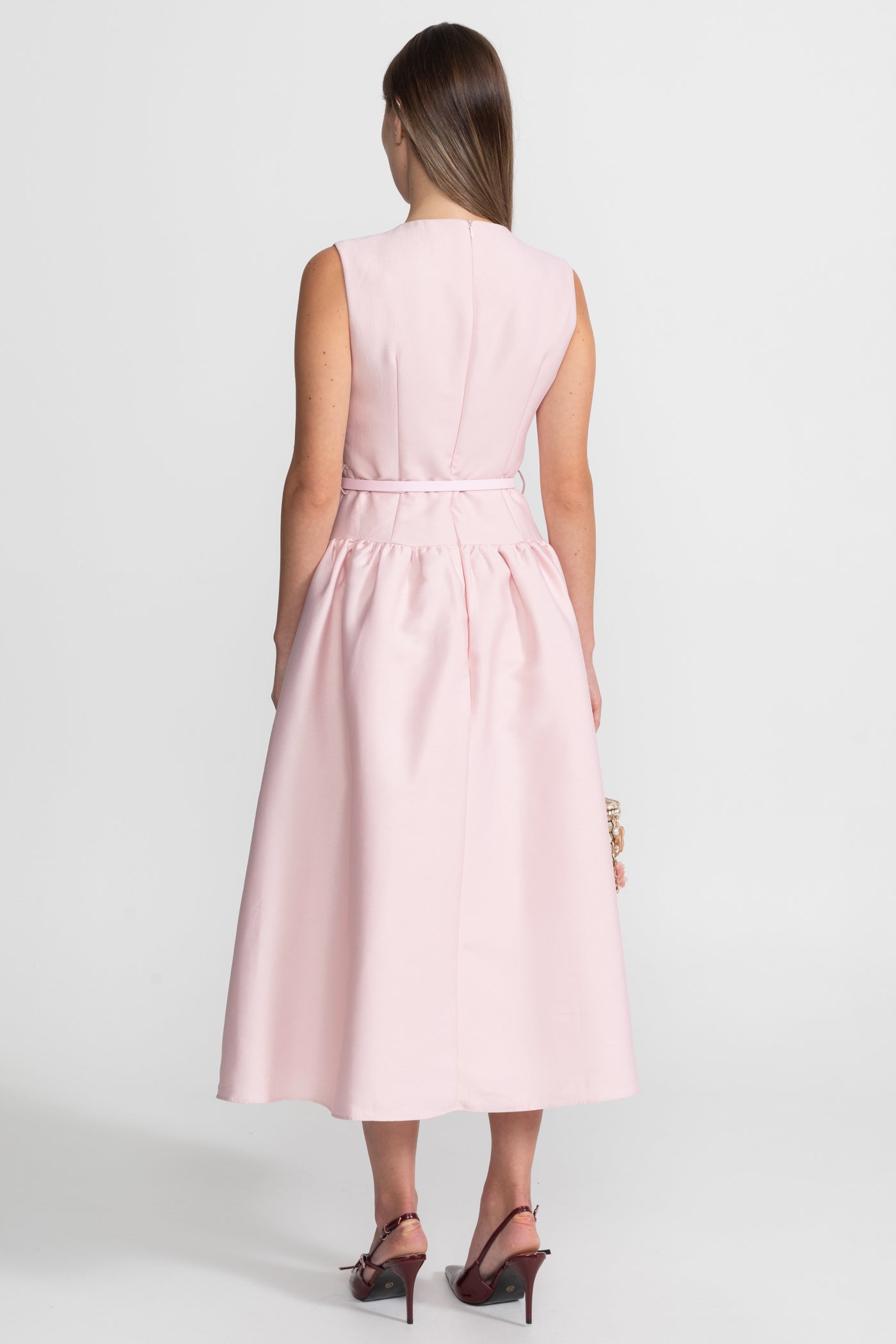 Sleeveless Midi Dress With Belted Waist And Front Pockets – Blush Pink
