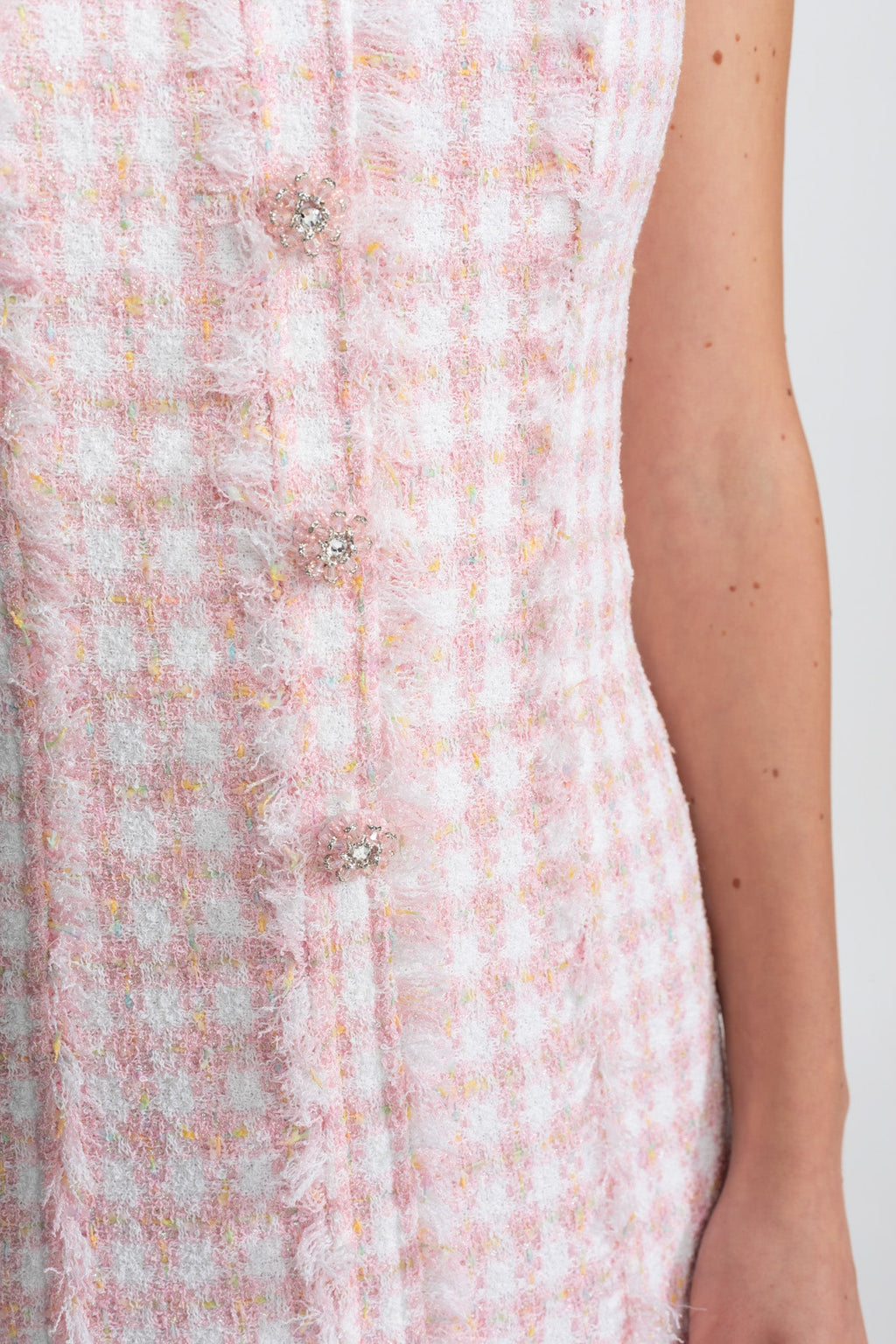 Sleeveless Tweed Mini Dress With Frayed Trim – Blush Pink