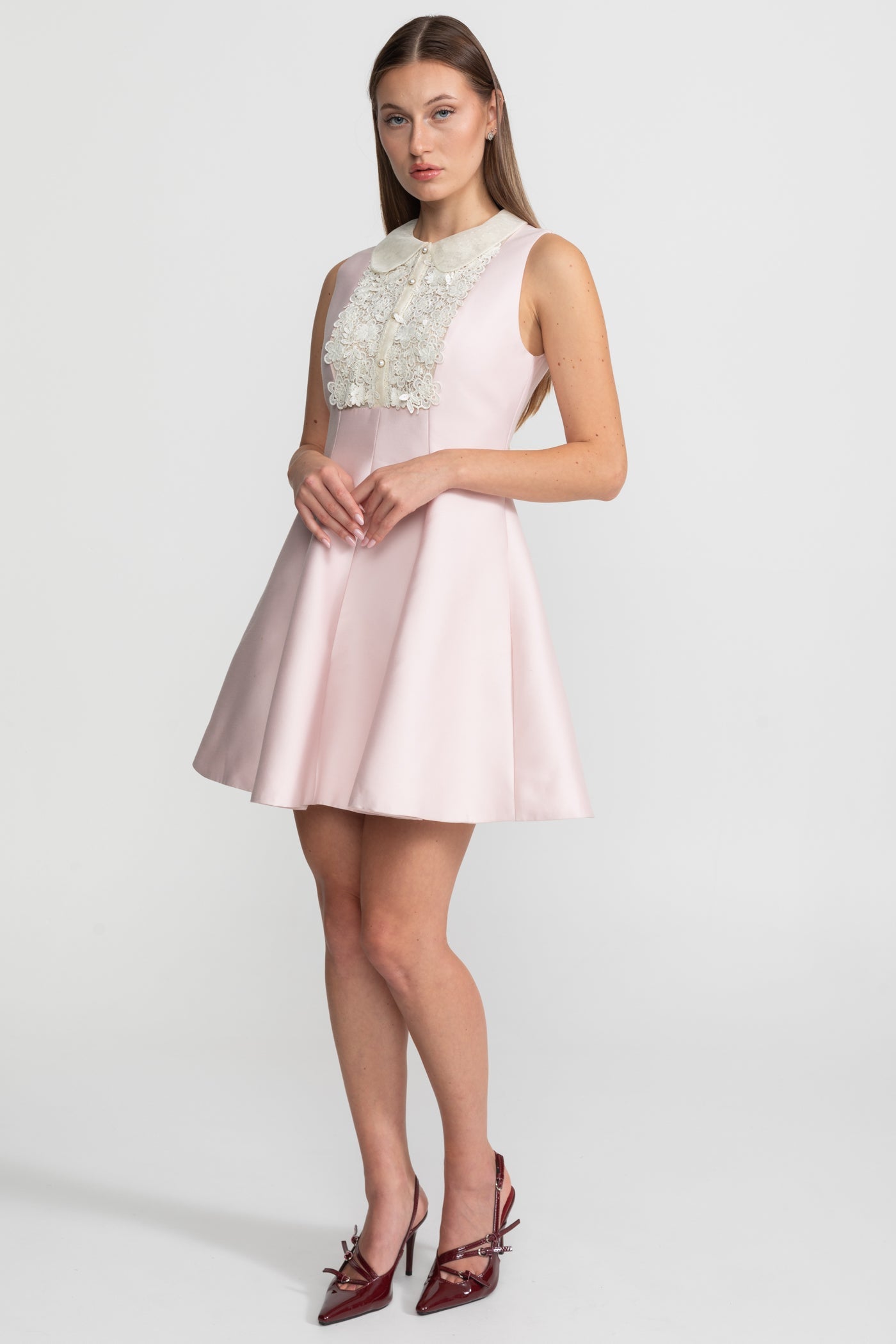 A-Line Mini Dress with Lace Bib – Blush Pink