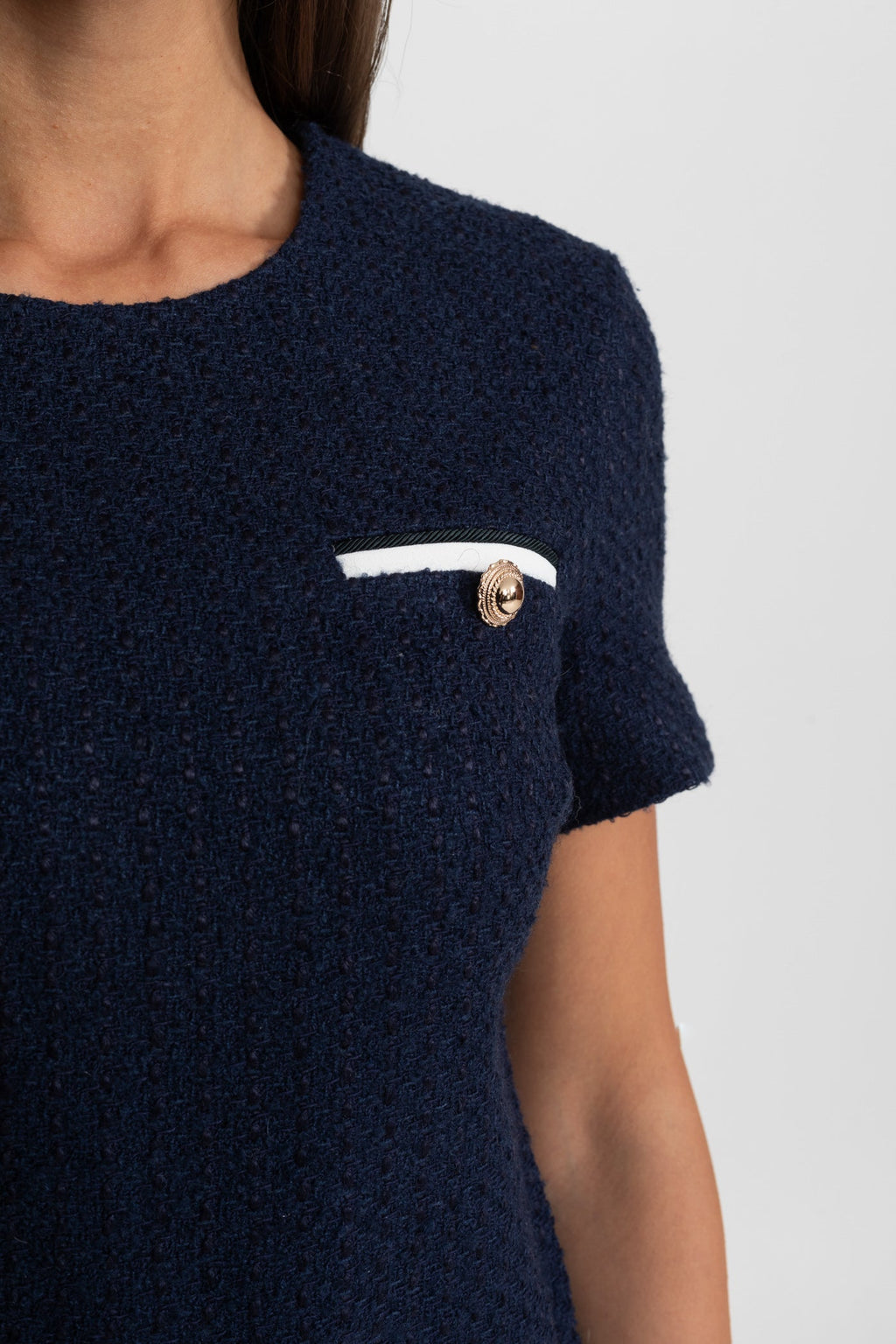 Belted Tweed Mini Dress with Contrast Pockets - Navy