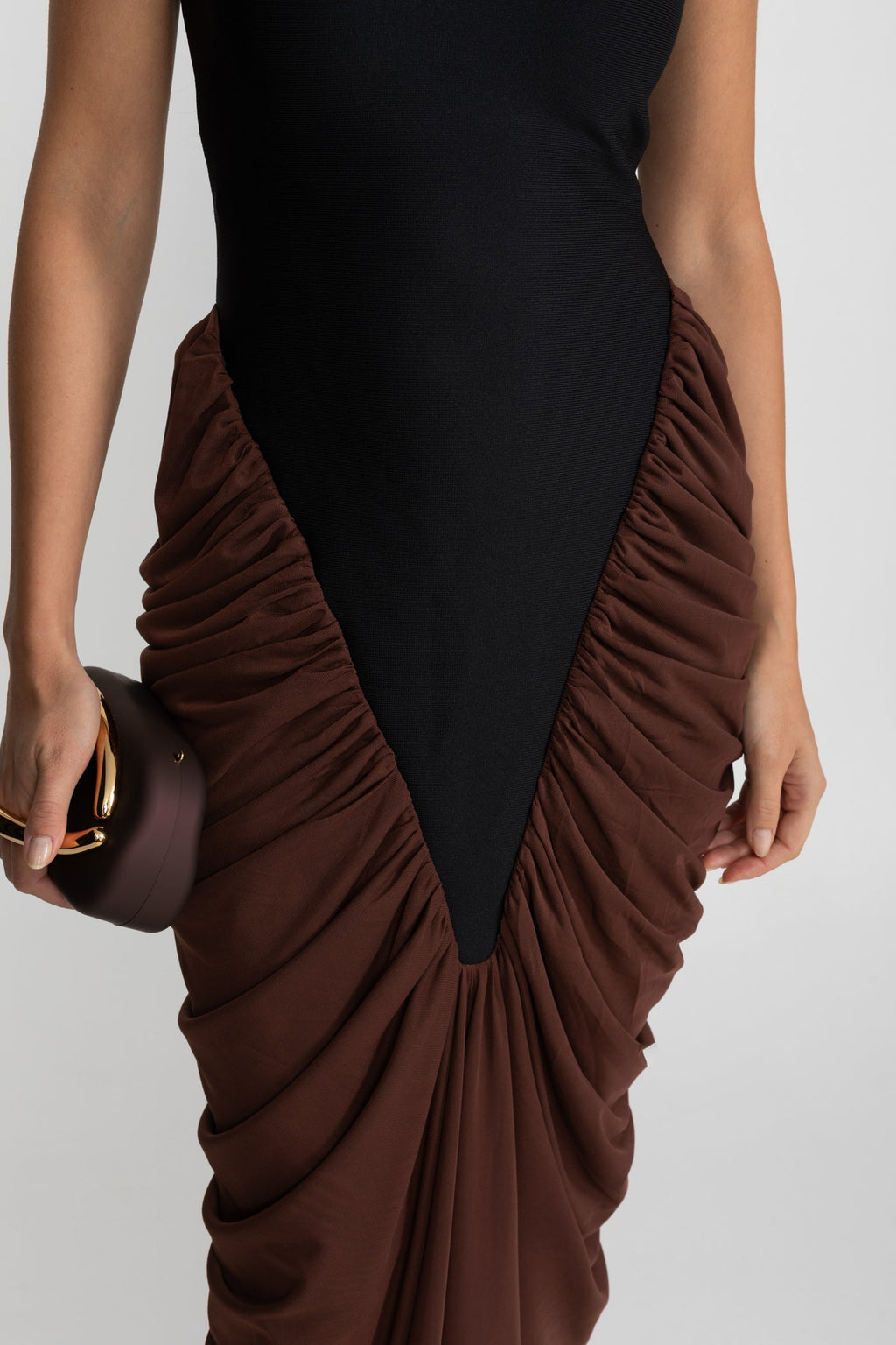 Halter Maxi Dress with Contrasting Ruched Paneling - Black/Brown