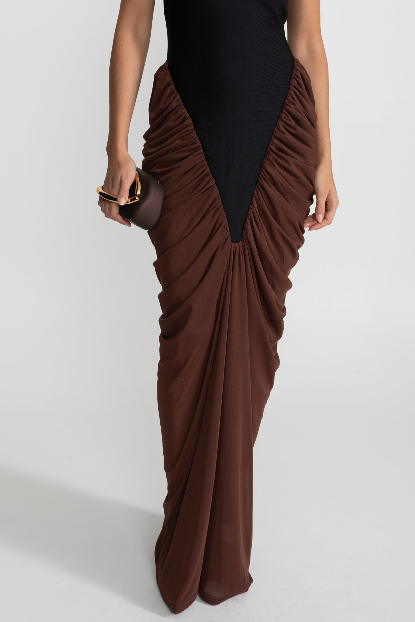 Halter Maxi Dress with Contrasting Ruched Paneling - Black/Brown
