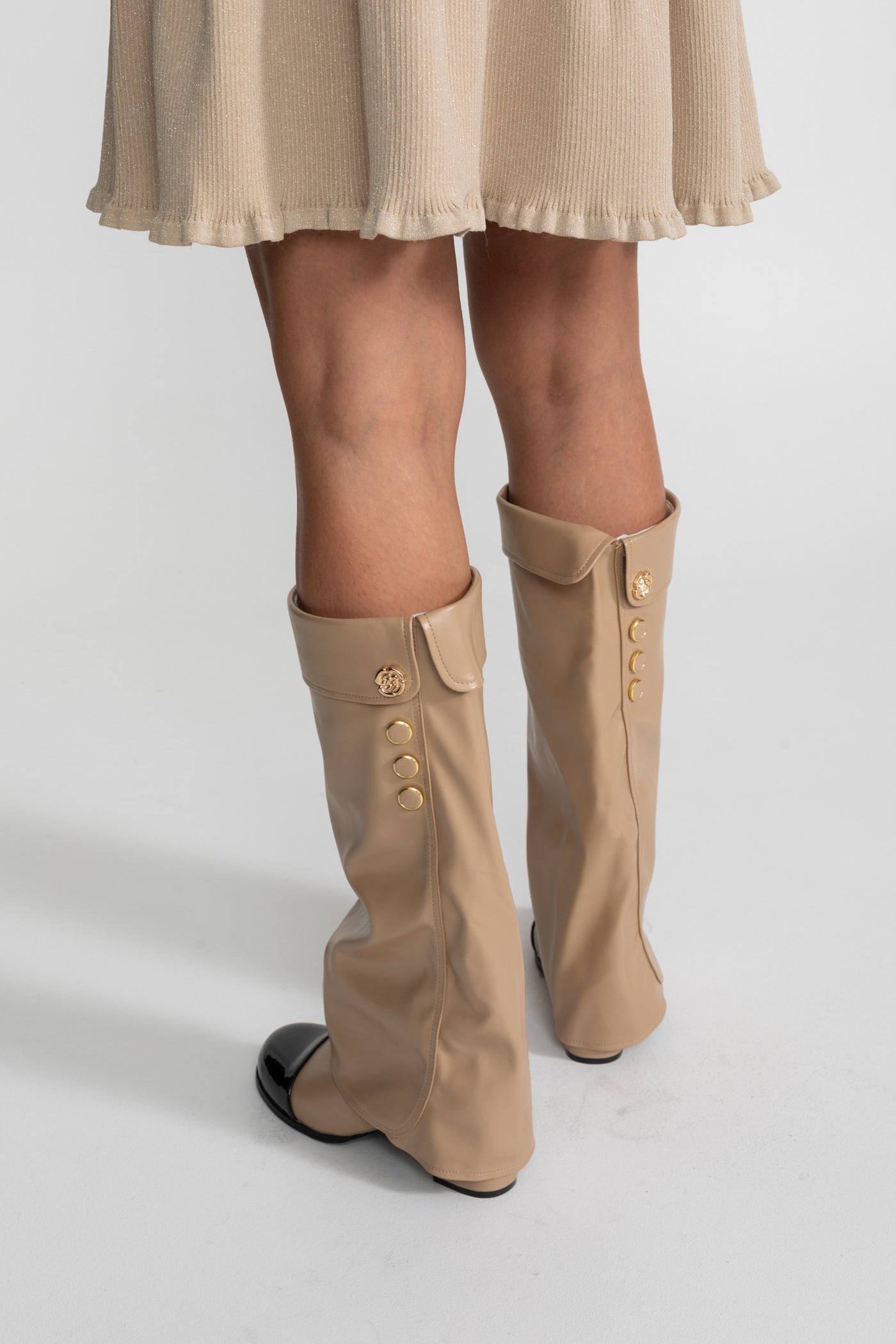 Folded Knee-High Boots With Patent Cap Toe