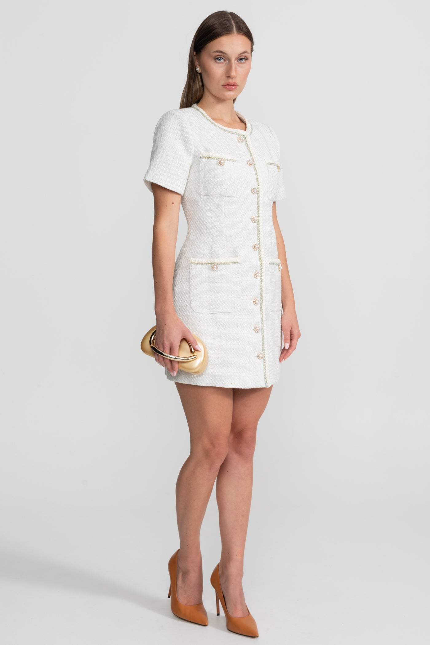 Tweed Mini Dress with Pearl Detailing – White