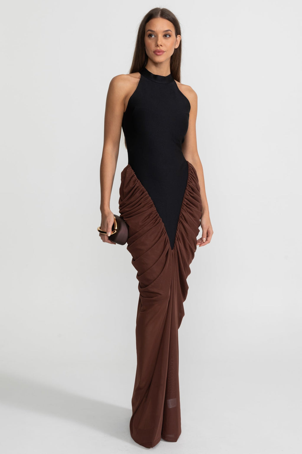 Halter Maxi Dress with Contrasting Ruched Paneling - Black/Brown