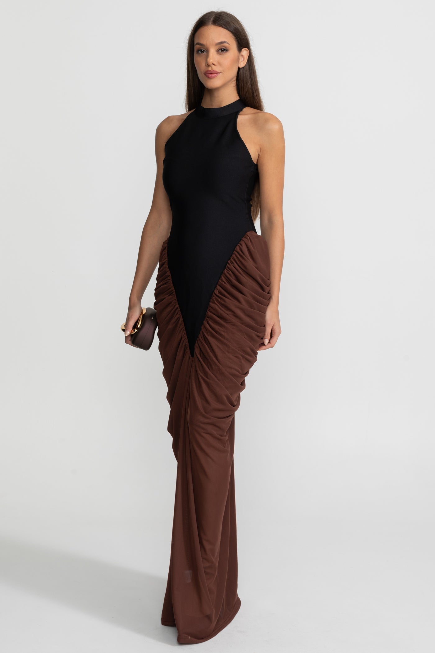 Halter Maxi Dress with Contrasting Ruched Paneling - Black/Brown