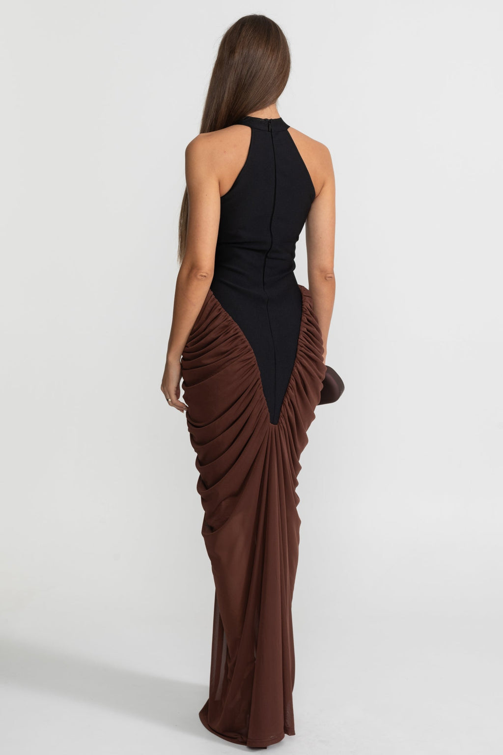 Halter Maxi Dress with Contrasting Ruched Paneling - Black/Brown