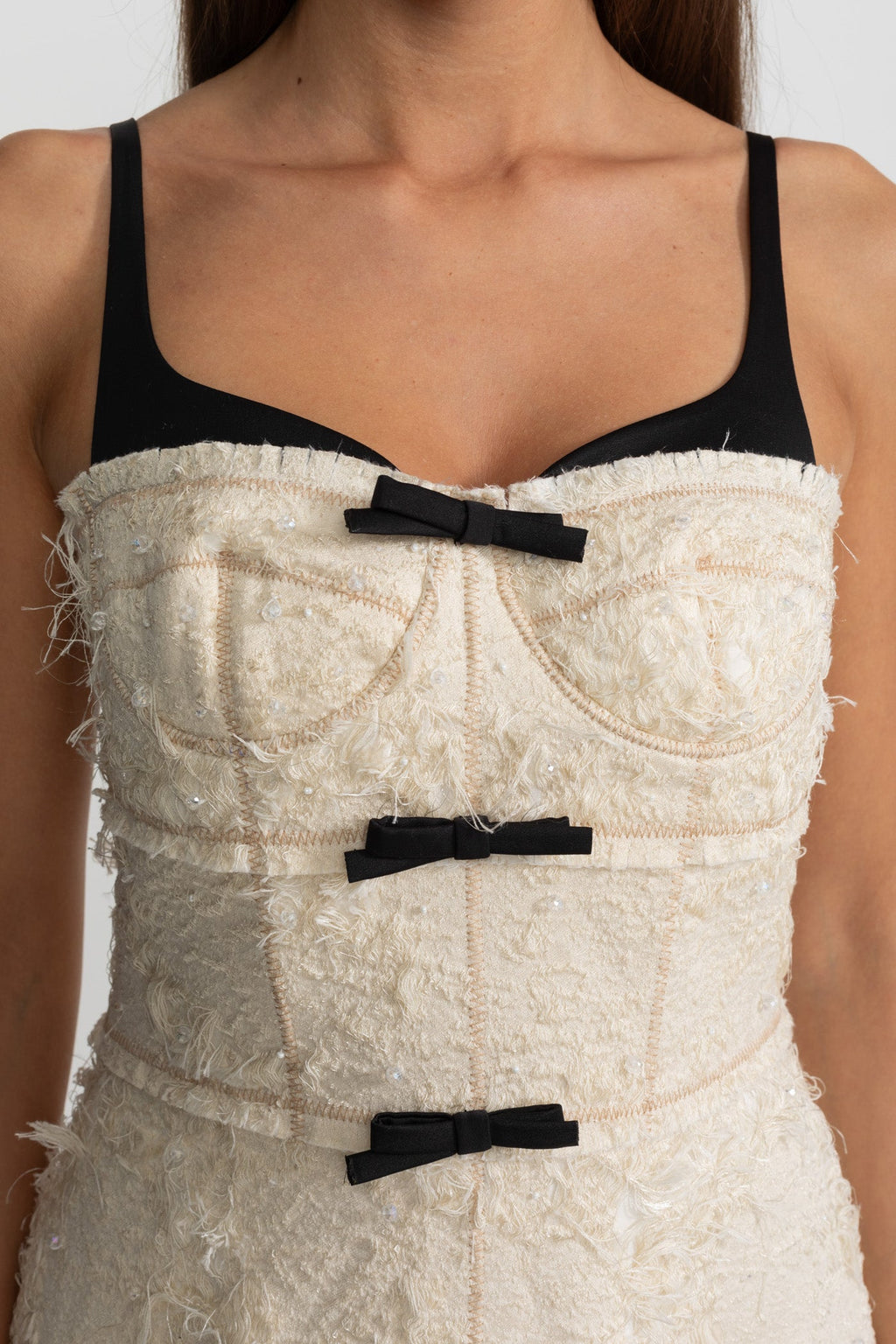 Textured Tweed Midi Dress With Contrast Straps and Bow Detailing – Ivory