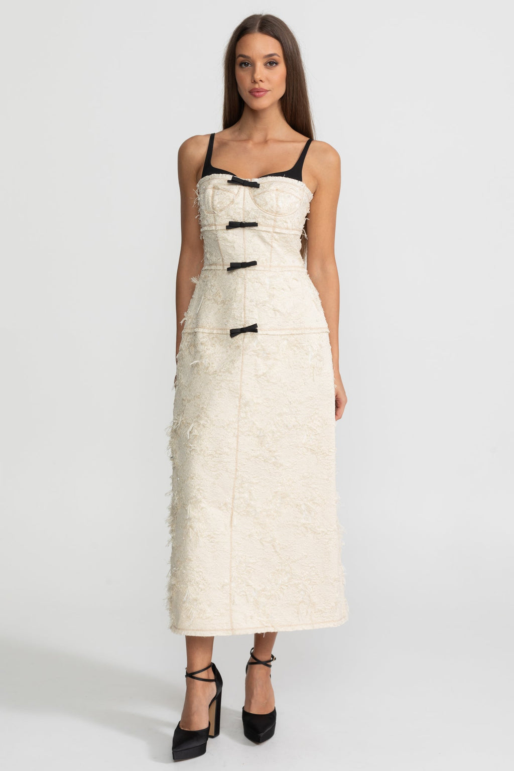 Textured Tweed Midi Dress With Contrast Straps and Bow Detailing – Ivory