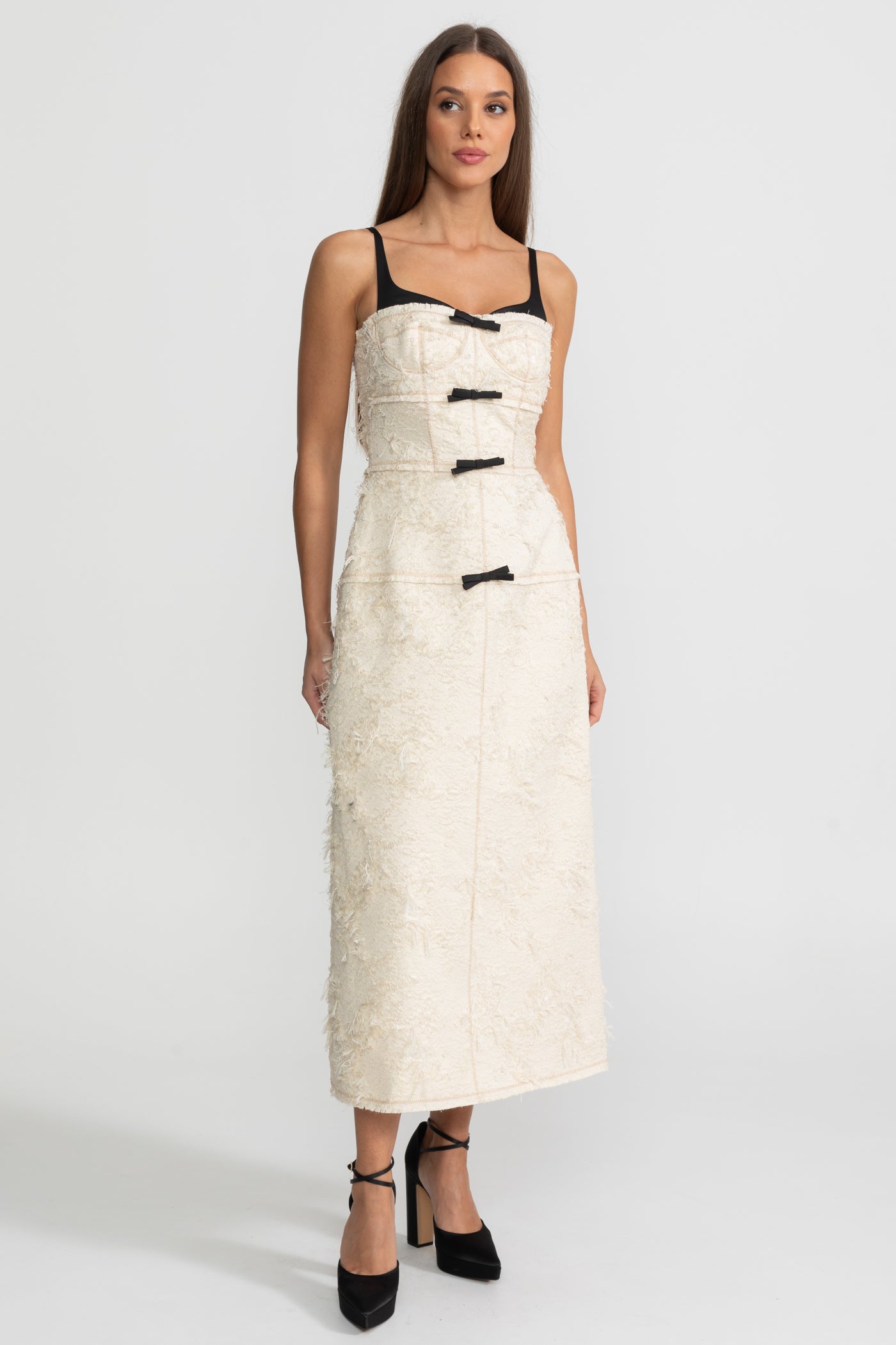 Textured Tweed Midi Dress With Contrast Straps and Bow Detailing – Ivory