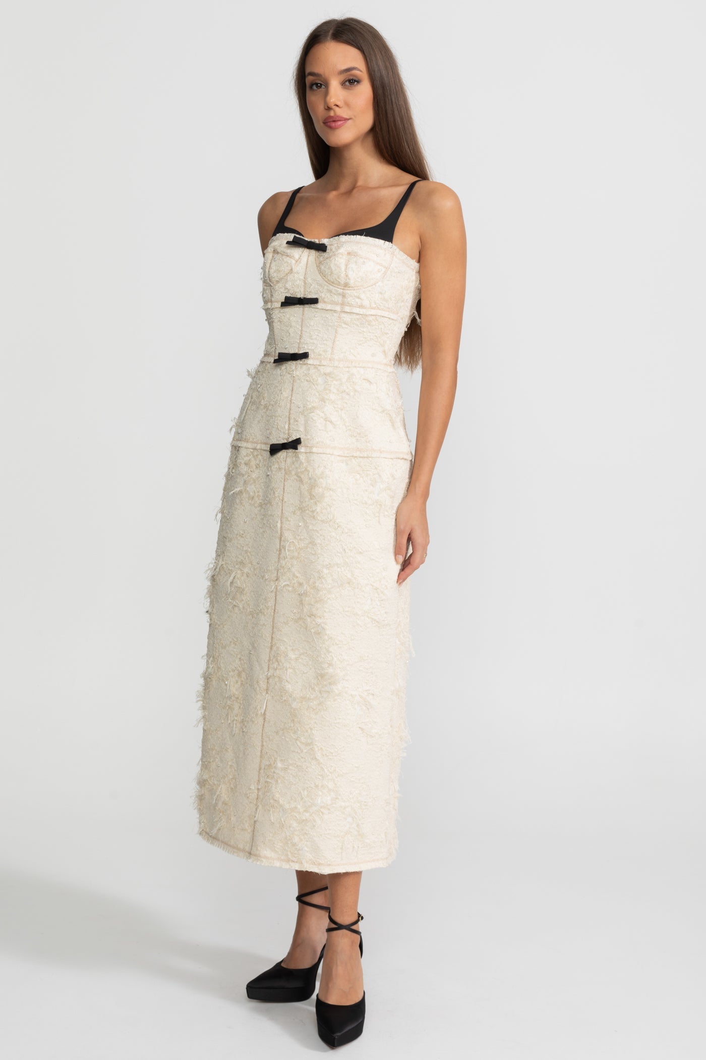Textured Tweed Midi Dress With Contrast Straps and Bow Detailing – Ivory