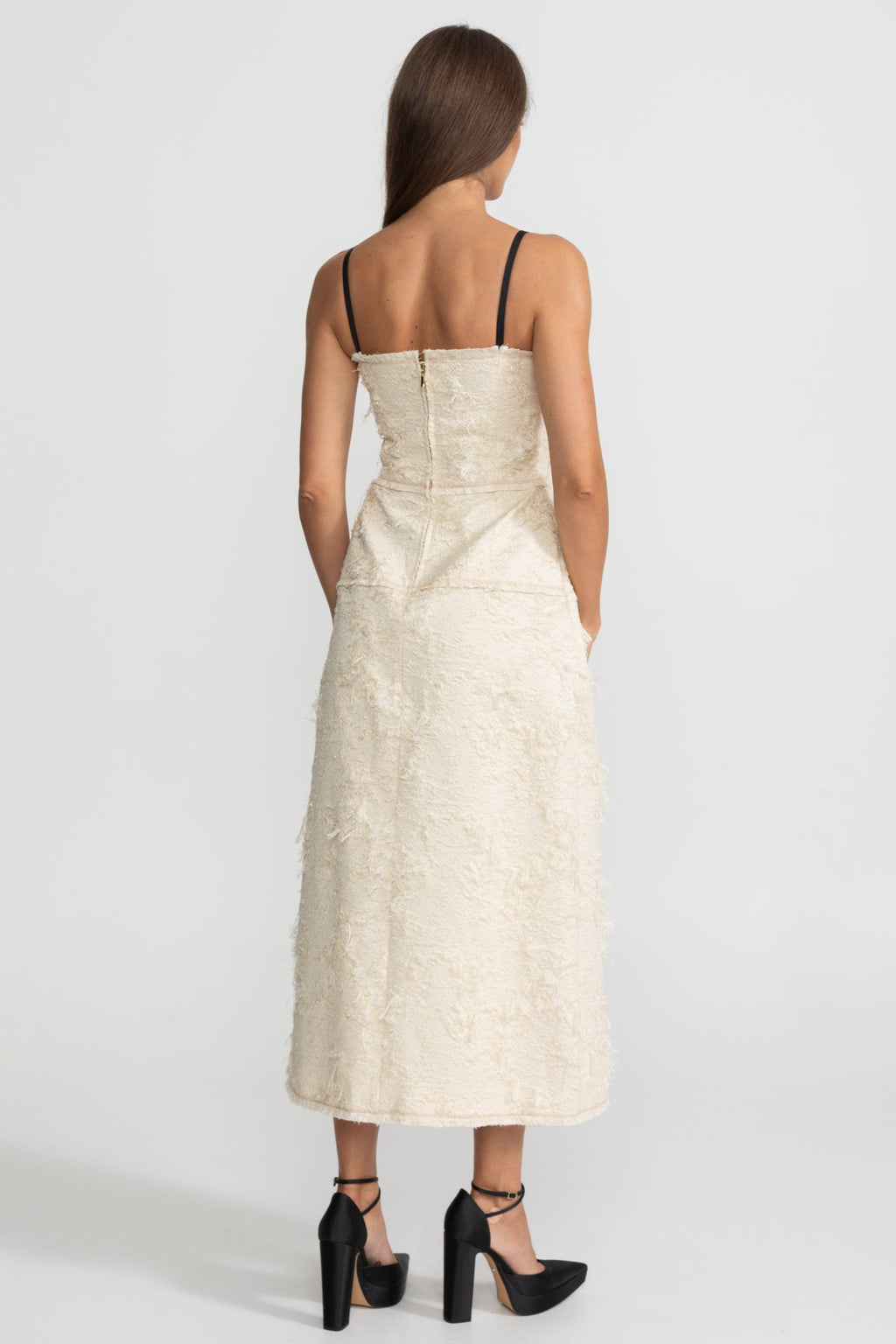 Textured Tweed Midi Dress With Contrast Straps and Bow Detailing – Ivory