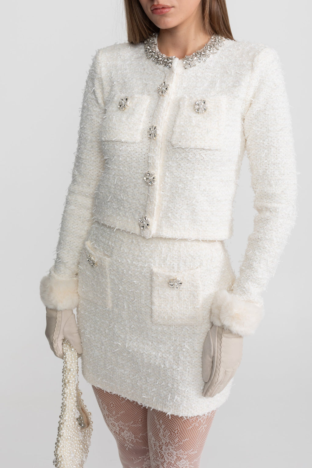 Tweed Two-Piece Set With Crystal Buttons - Ivory