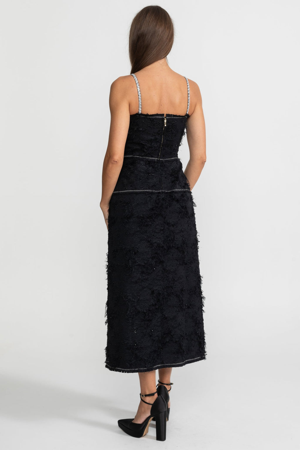 Textured Tweed Midi Dress With Contrast Straps and Bow Detailing – Black