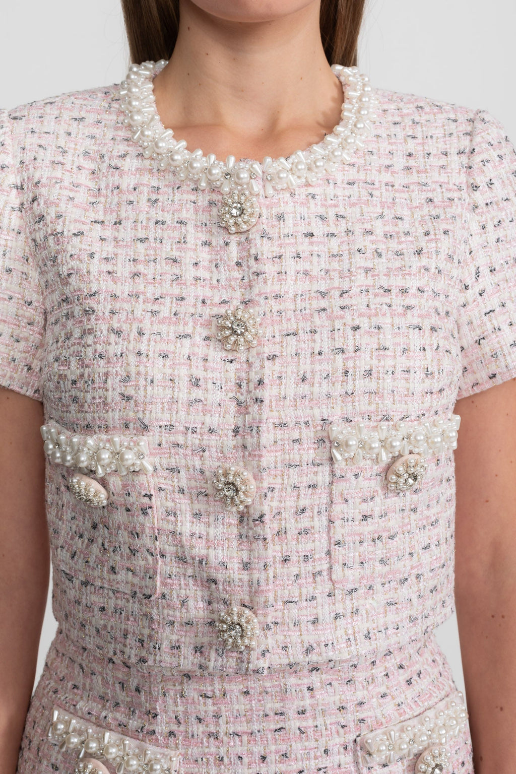 Short Sleeve Pearl-Embellished Set With Sparkling Buttons - Pink