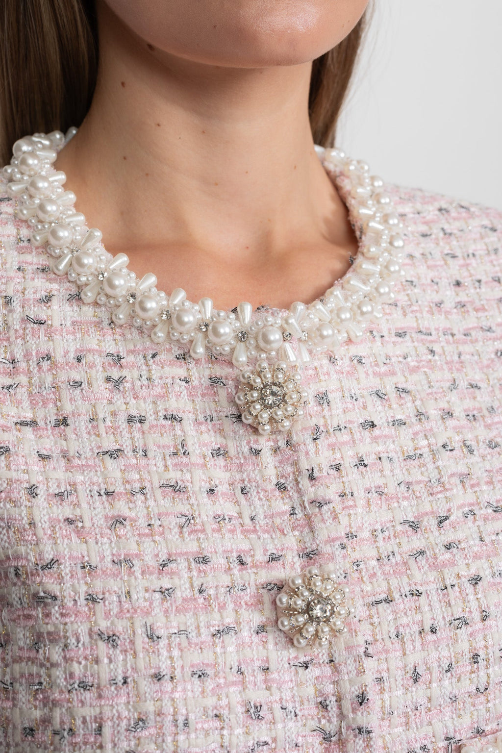 Short Sleeve Pearl-Embellished Set With Sparkling Buttons - Pink
