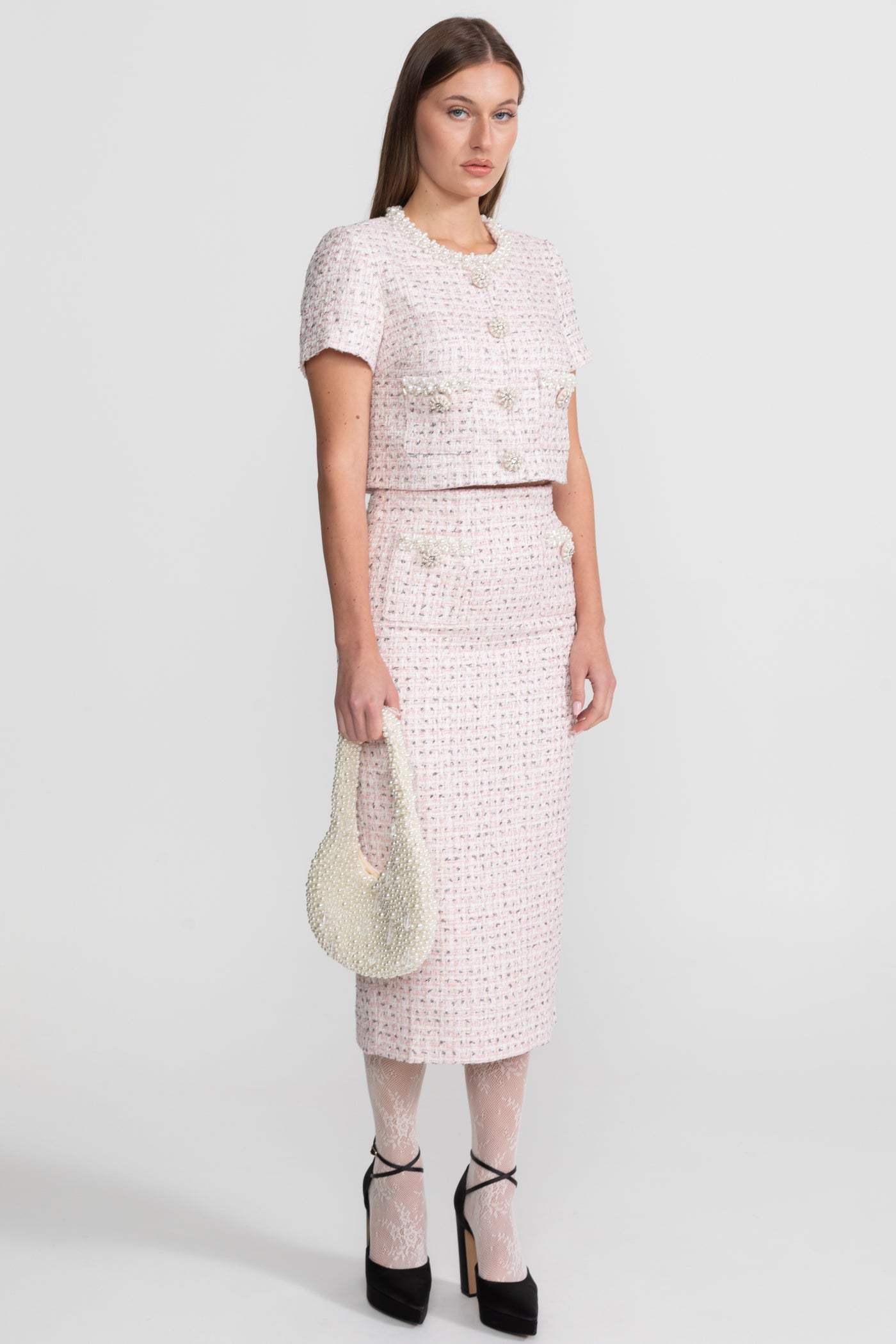 Short Sleeve Pearl-Embellished Set With Sparkling Buttons - Pink