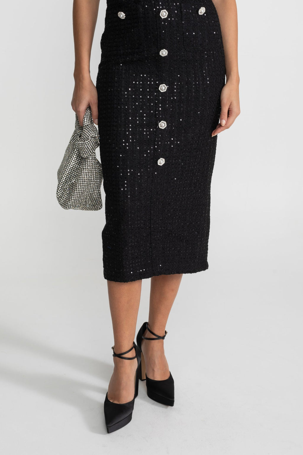 Knit Sequin Midi Dress With Crystal Buttons and Lace Trim – Black
