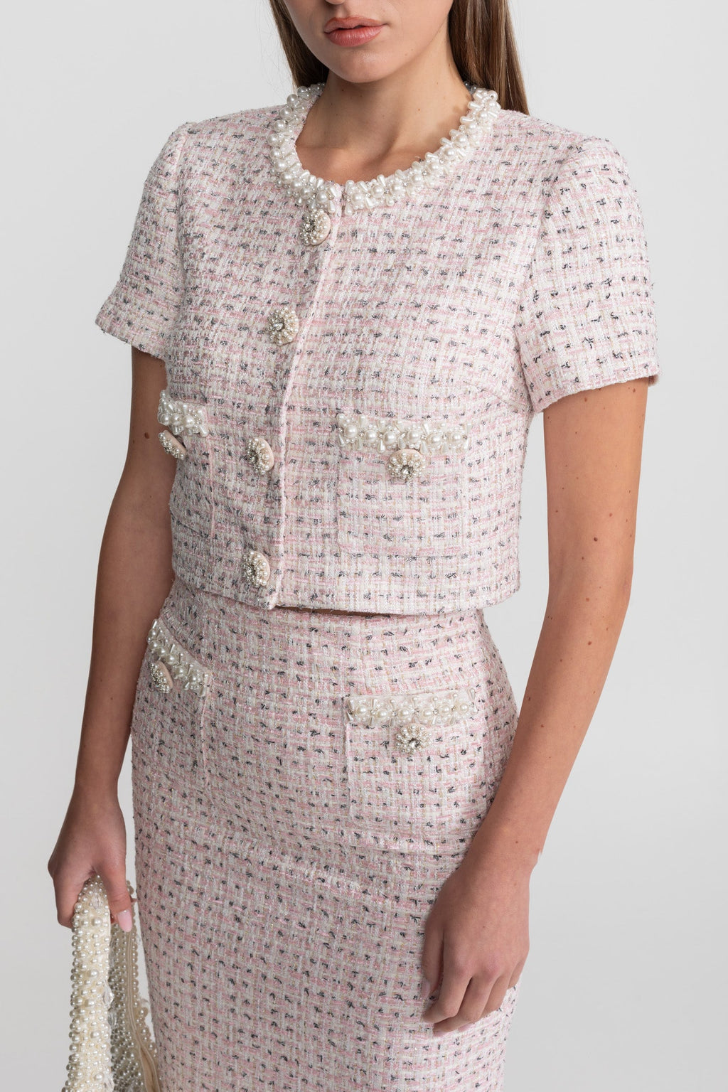 Short Sleeve Pearl-Embellished Set With Sparkling Buttons - Pink