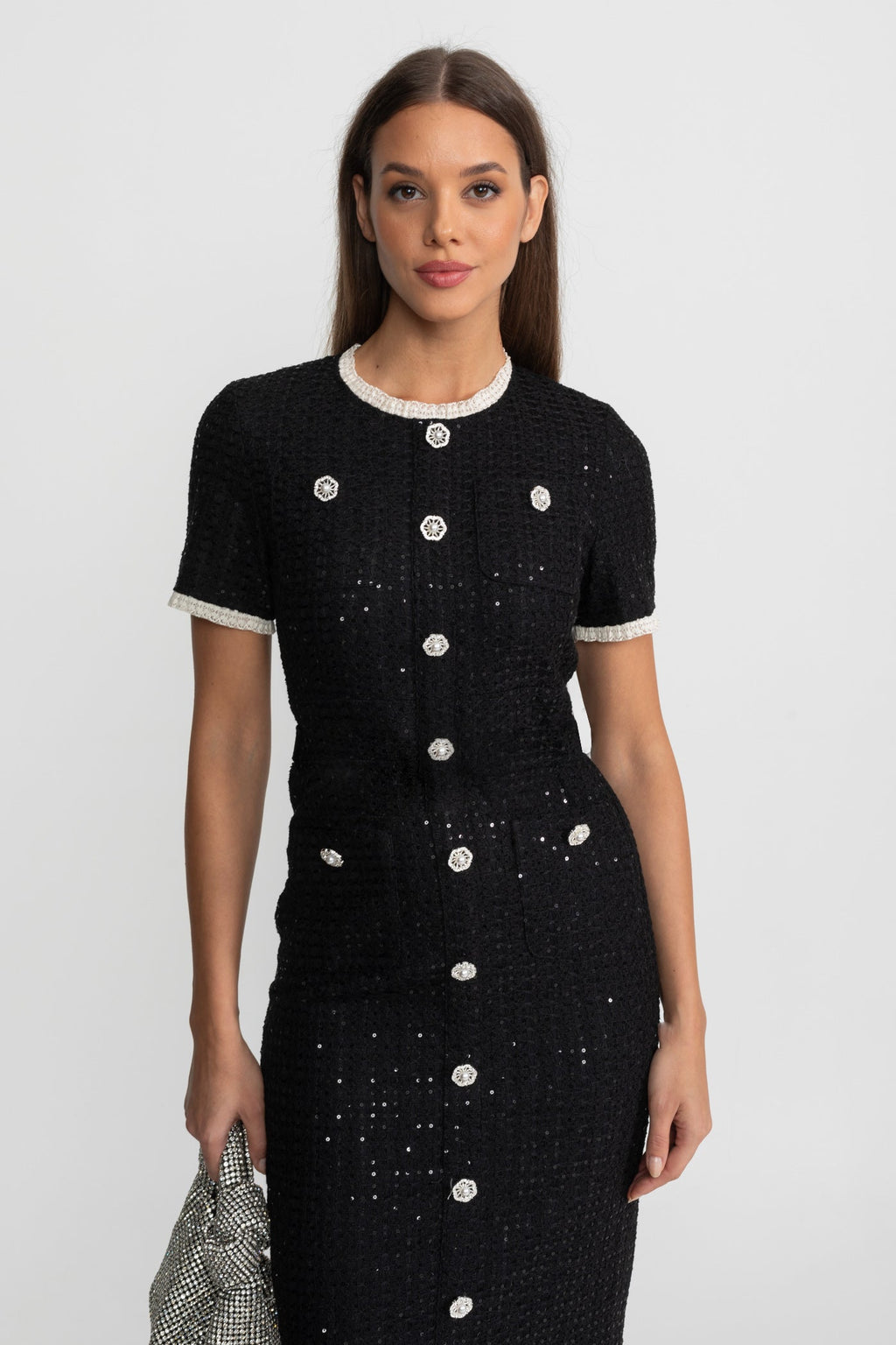 Knit Sequin Midi Dress With Crystal Buttons and Lace Trim – Black