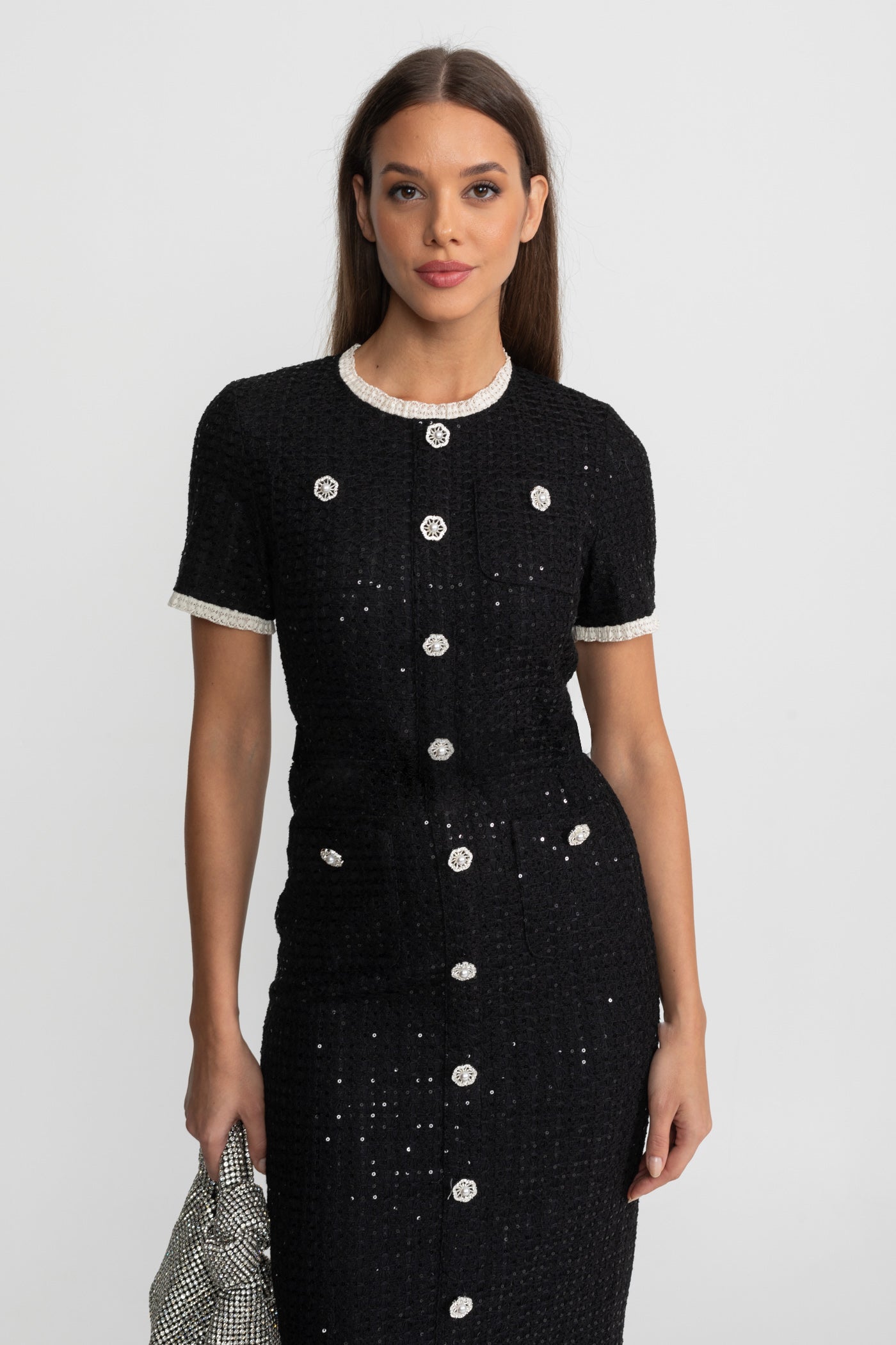 Knit Sequin Midi Dress With Crystal Buttons and Lace Trim – Black