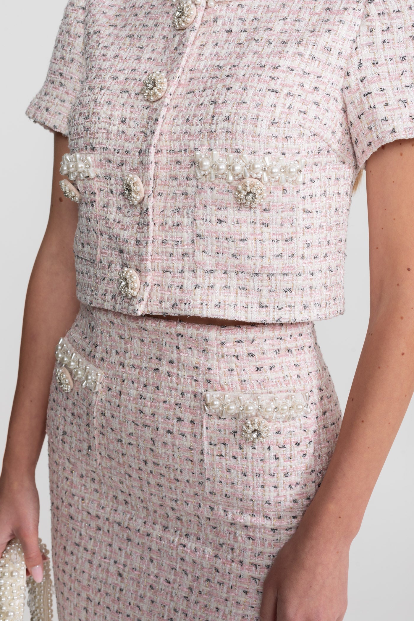 Pearl-Embellished Set With Sparkling Buttons - Pink