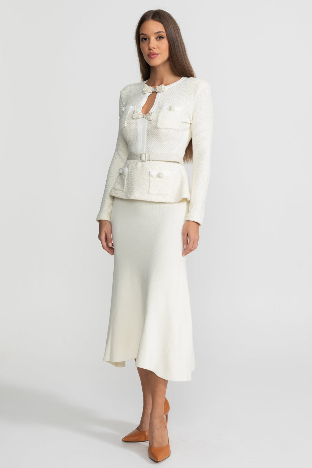 Tweed Peplum Knit Midi Dress – White