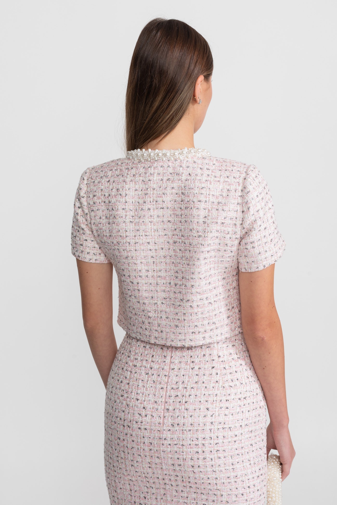 Short Sleeve Pearl-Embellished Set With Sparkling Buttons - Pink
