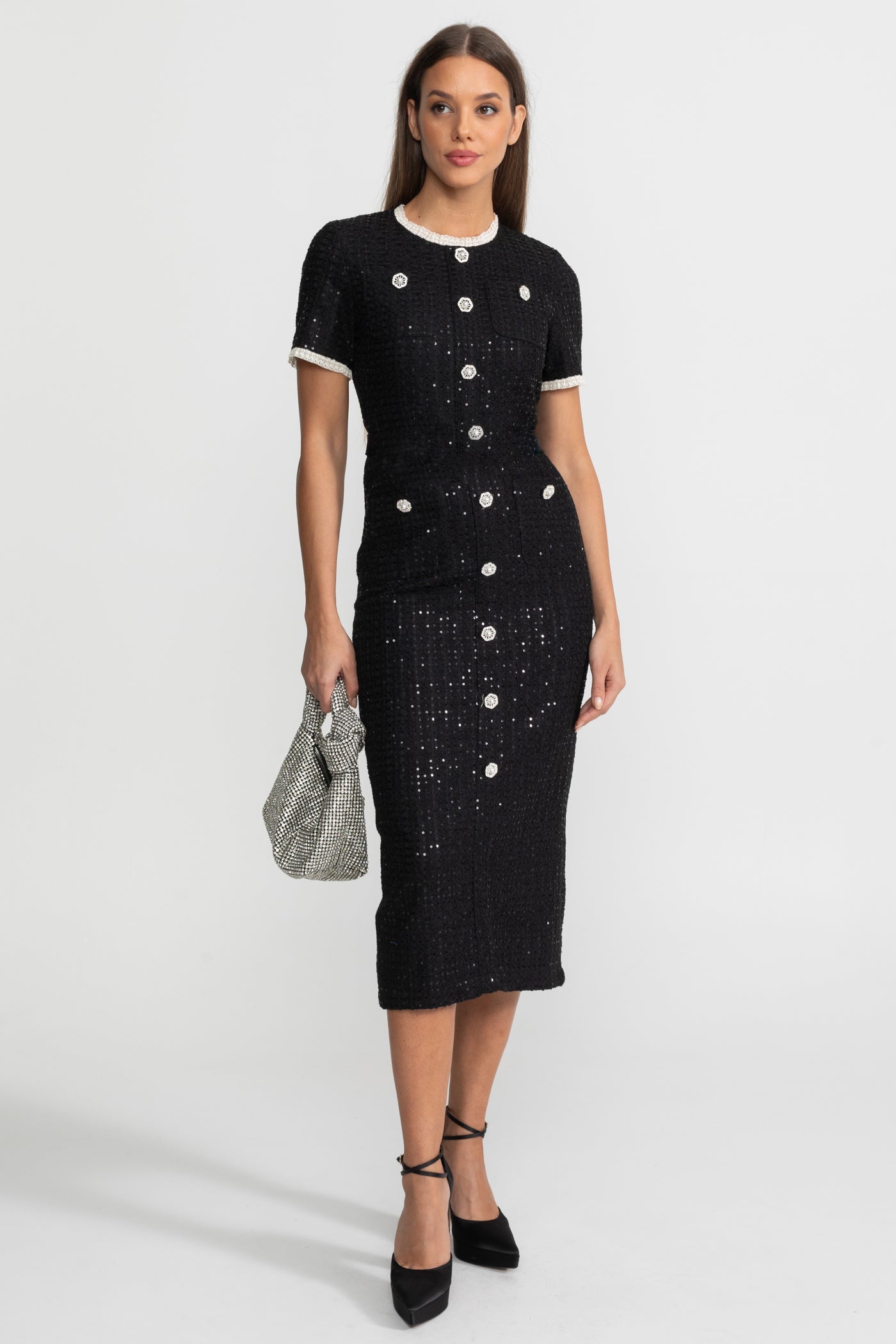 Knit Sequin Midi Dress With Crystal Buttons and Lace Trim – Black