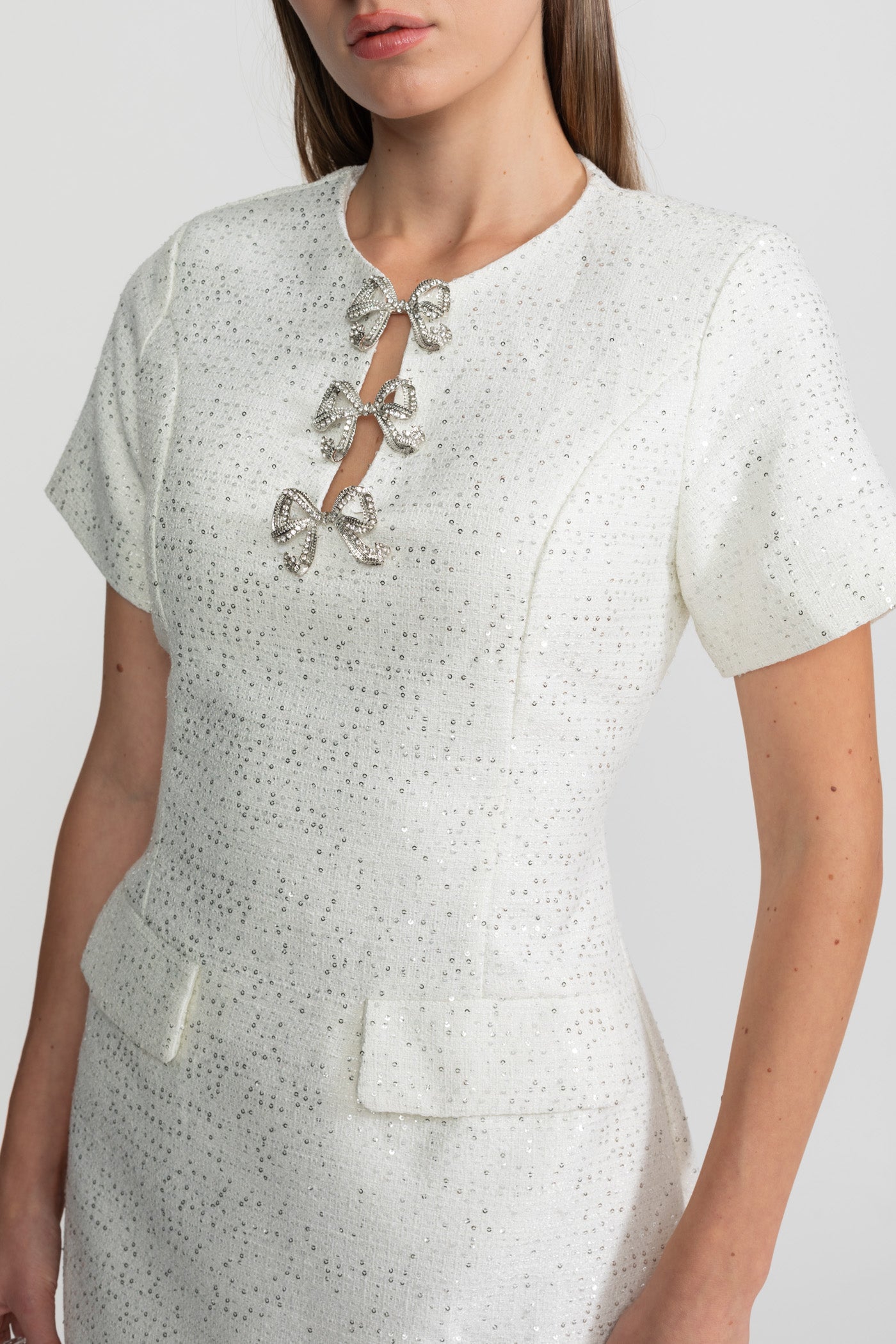 Sequin Mini Dress with Crystal Bow Accents - White