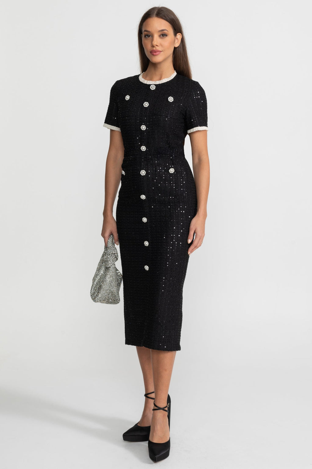 Knit Sequin Midi Dress With Crystal Buttons and Lace Trim – Black