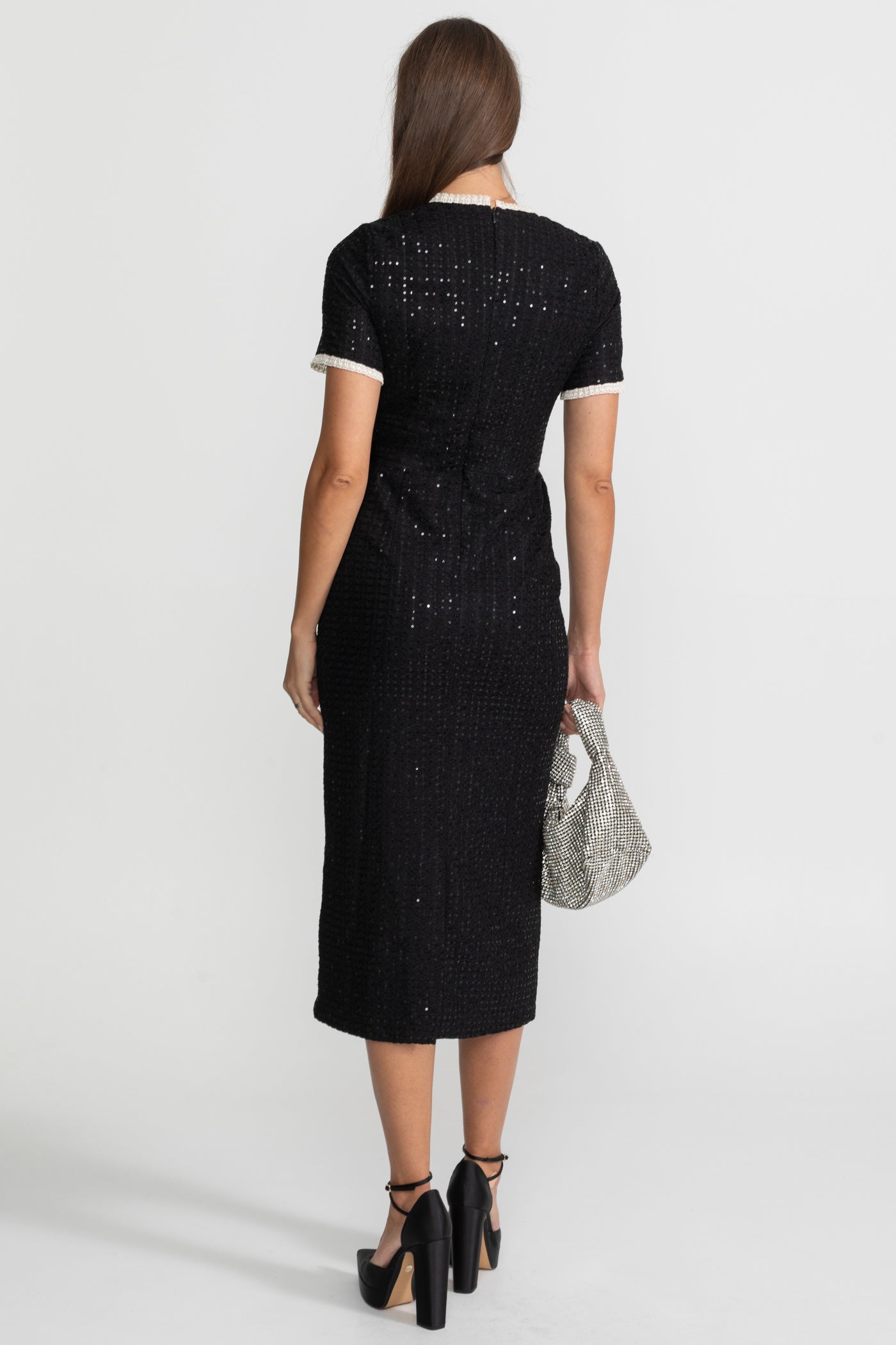 Knit Sequin Midi Dress With Crystal Buttons and Lace Trim – Black