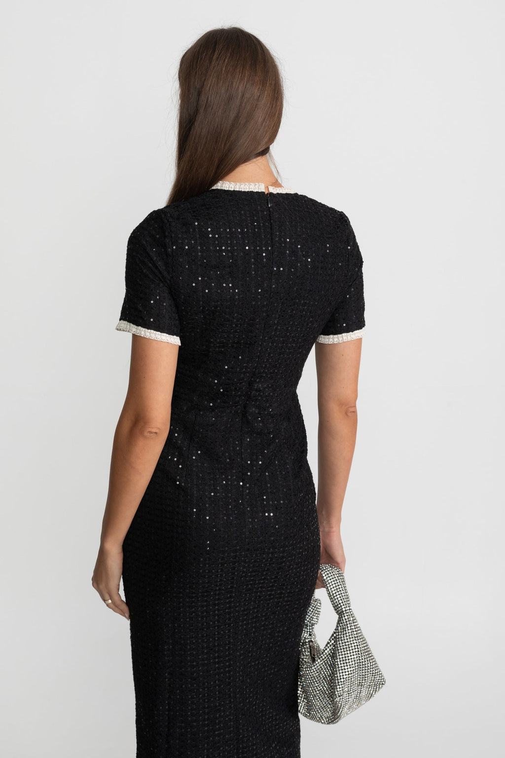 Knit Sequin Midi Dress With Crystal Buttons and Lace Trim – Black
