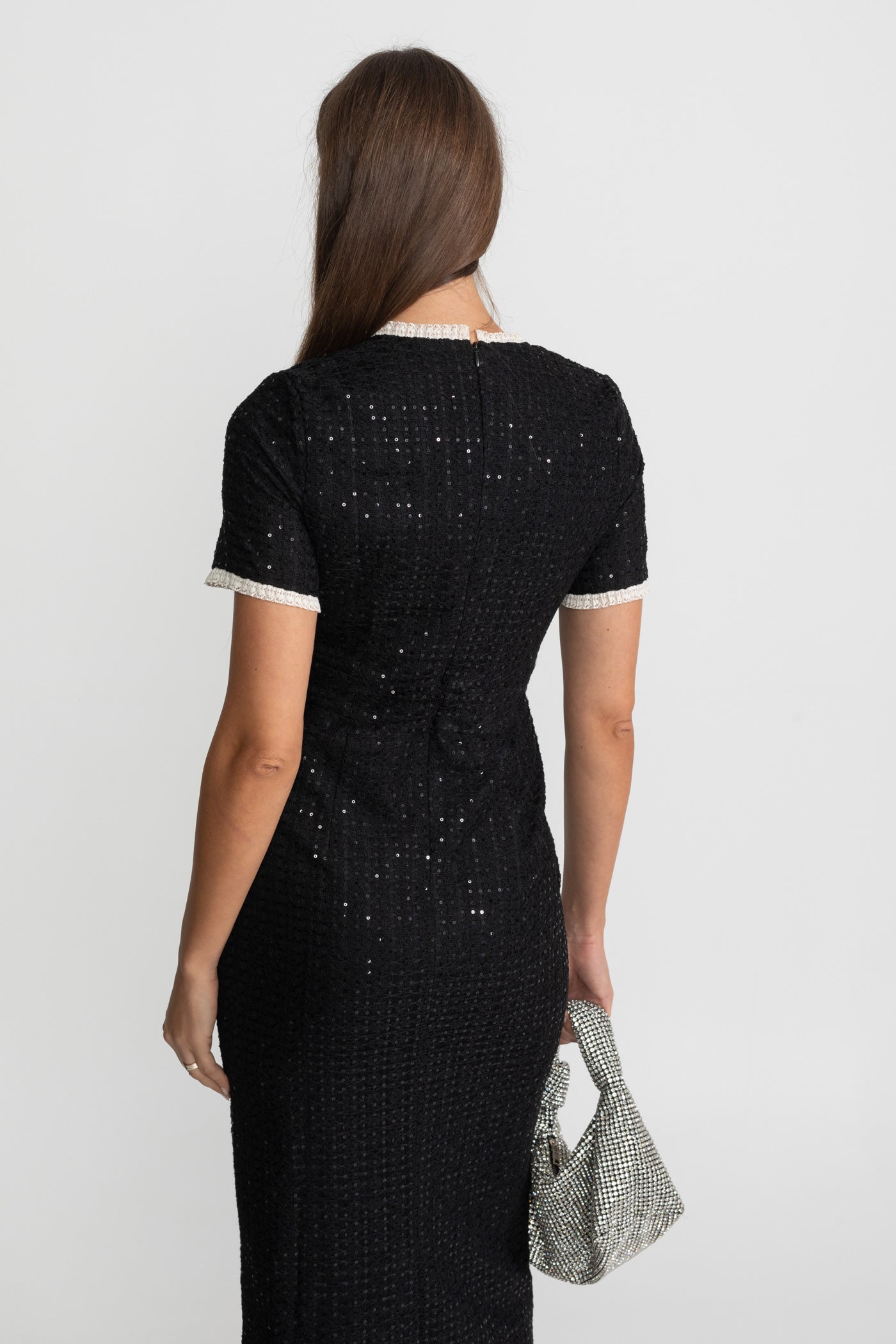 Knit Sequin Midi Dress With Crystal Buttons and Lace Trim – Black