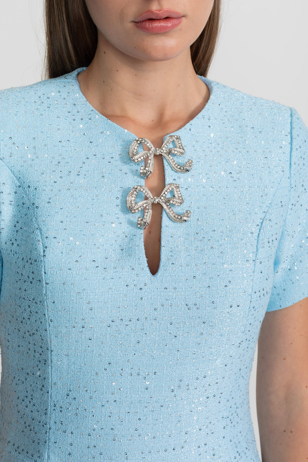 Sequin Mini Dress with Crystal Bow Accents - Baby Blue