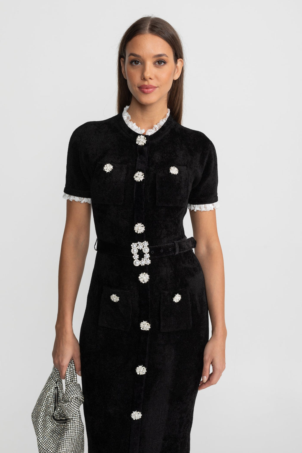 Elegant Midi Dress With Crystal Buttons and Lace Trim – Black