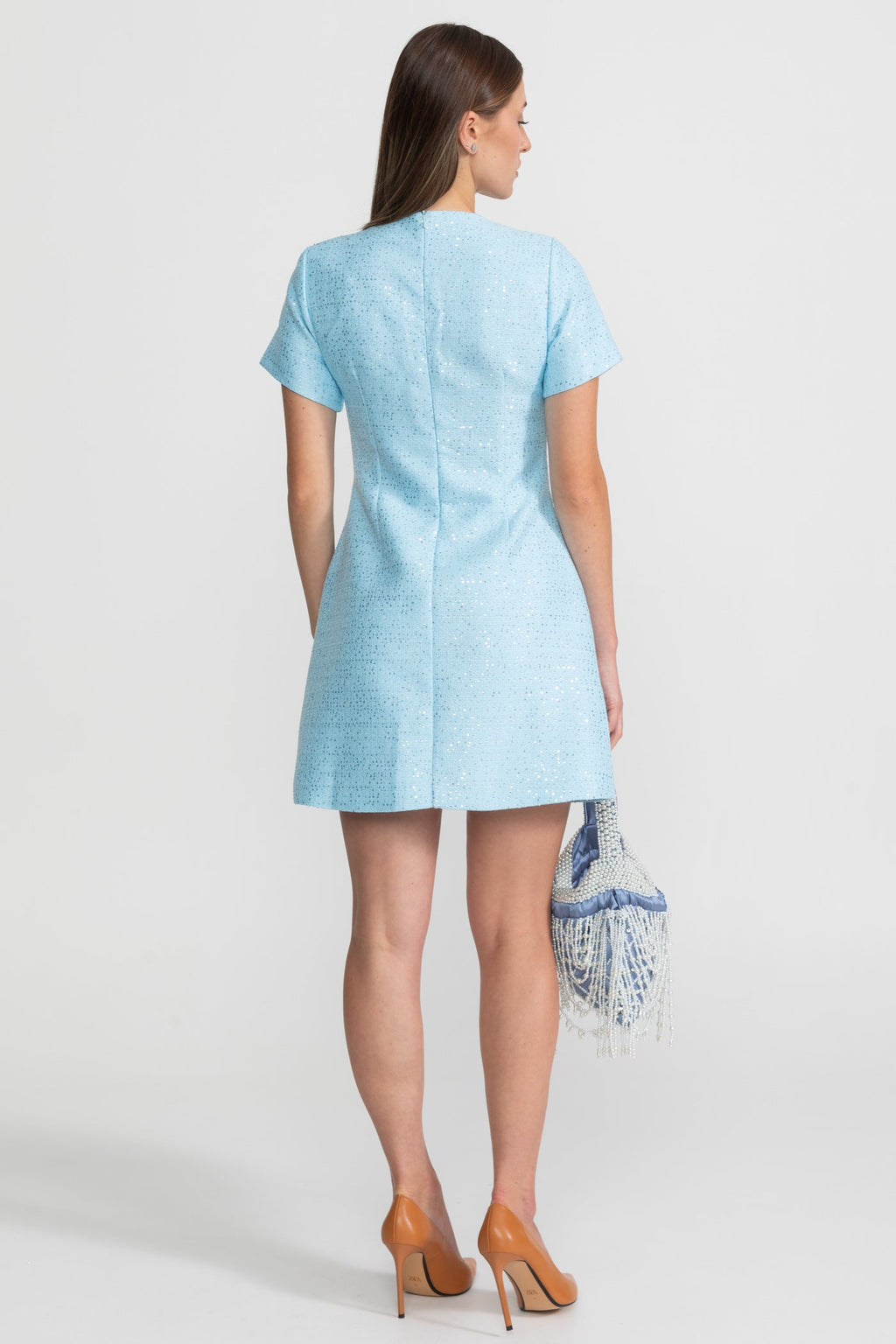 Sequin Mini Dress with Crystal Bow Accents - Baby Blue
