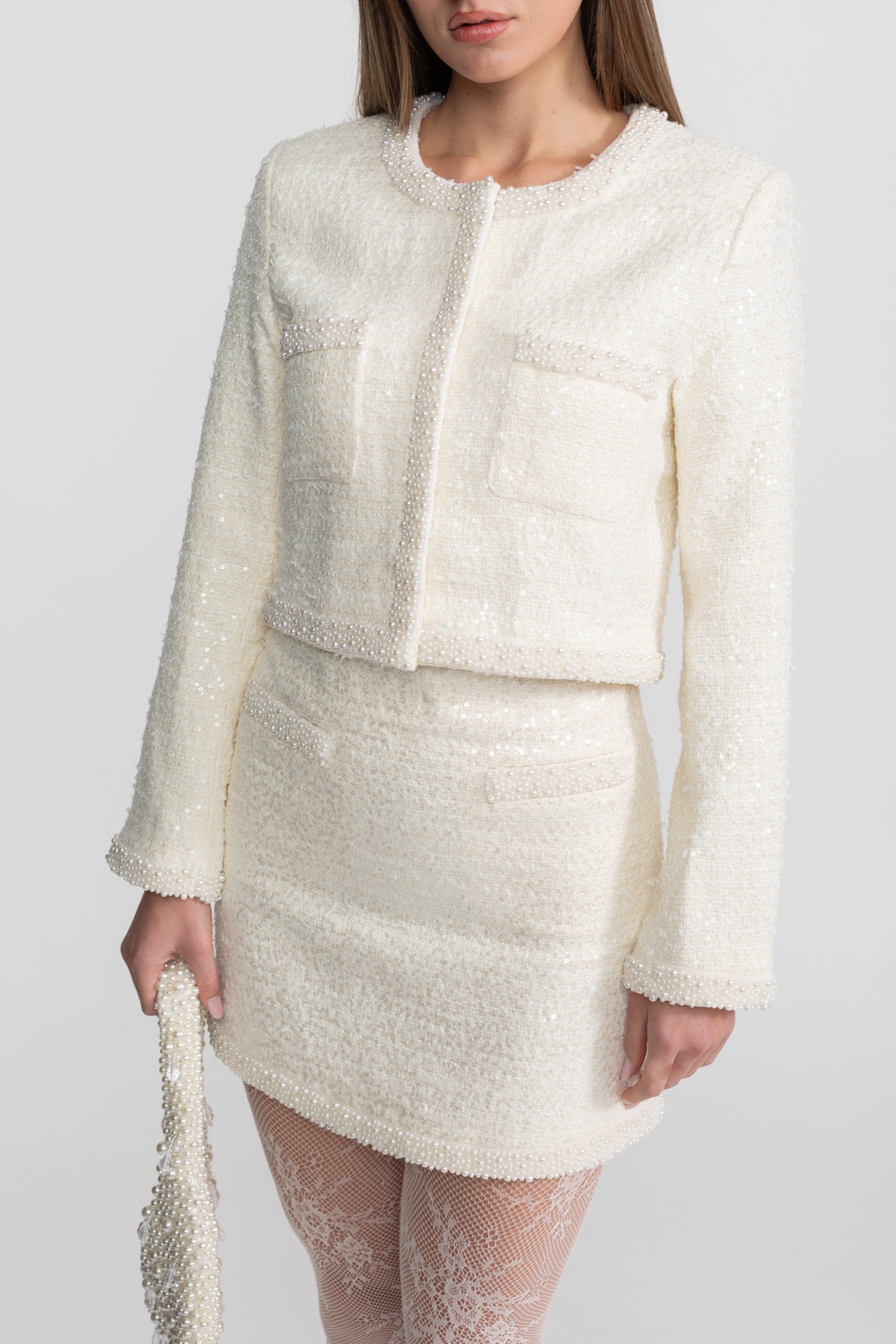 Tweed Two-Piece Set With Beaded Trim And Hemline - Ivory