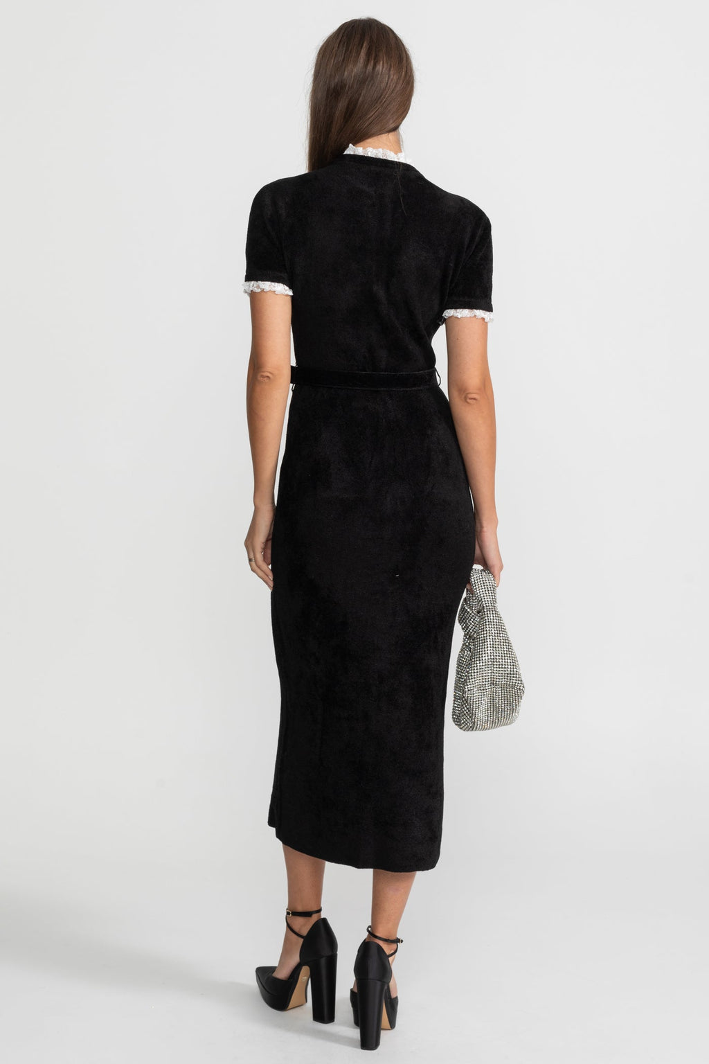 Elegant Midi Dress With Crystal Buttons and Lace Trim – Black