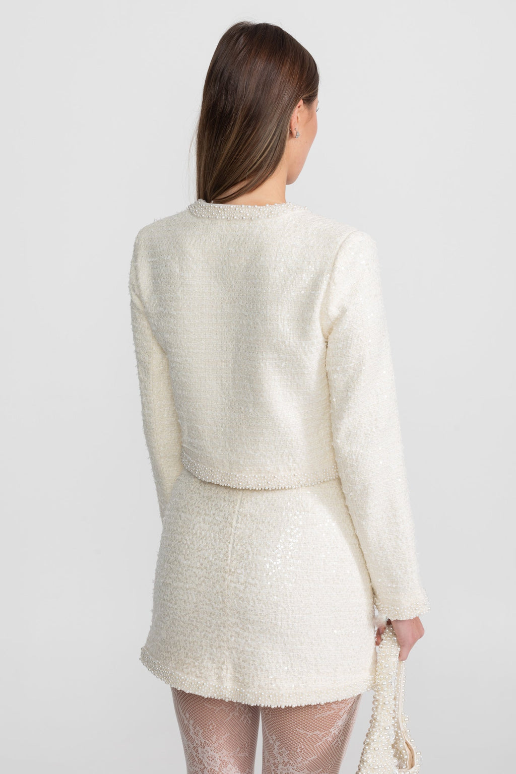 Tweed Two-Piece Set With Beaded Trim And Hemline - Ivory