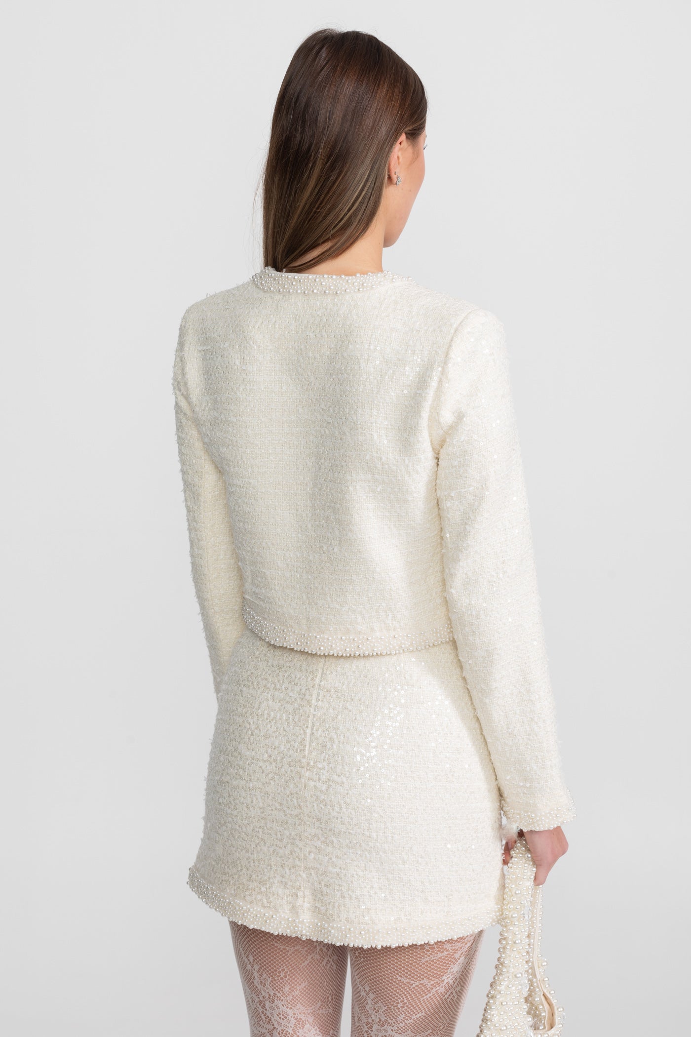 Tweed Two-Piece Set With Beaded Trim And Hemline - Ivory