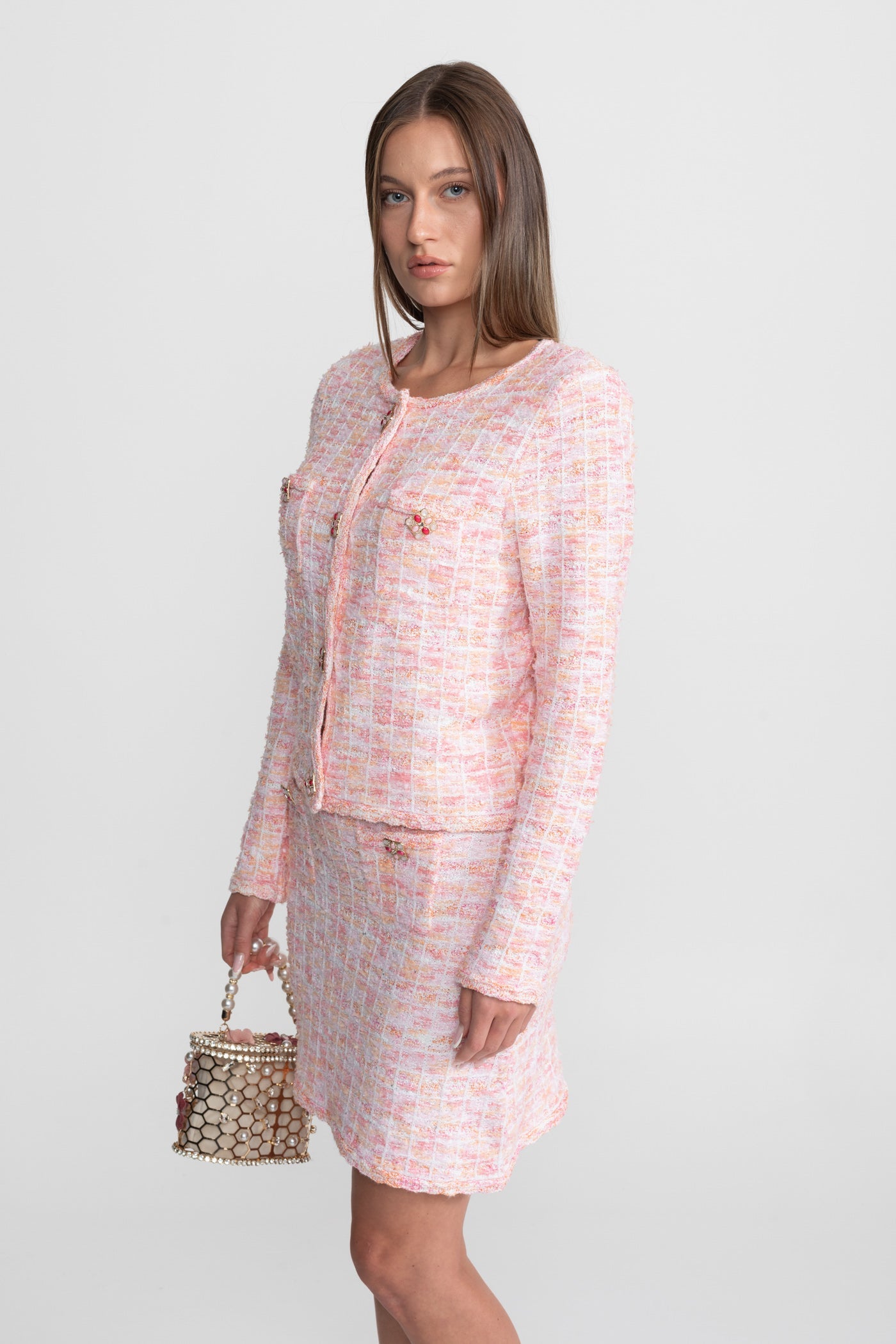 Tweed Co-Ord Set With Embellished Buttons – Blush Pink