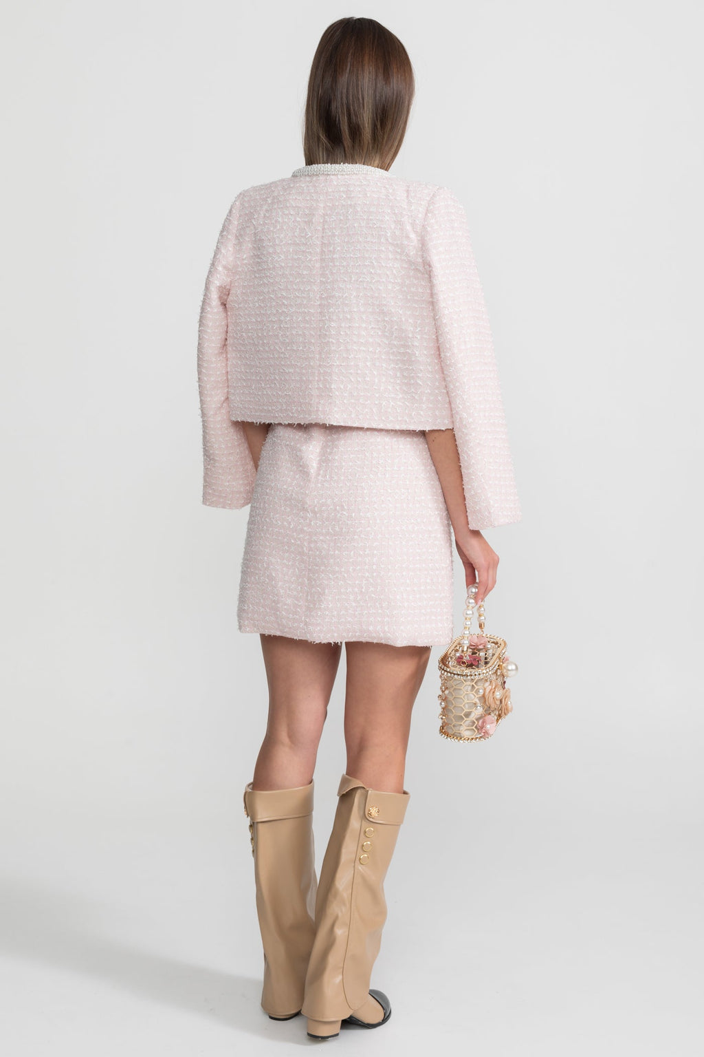 Embellished Tweed Jacket With Delicate Pearl Trim - Light Pink