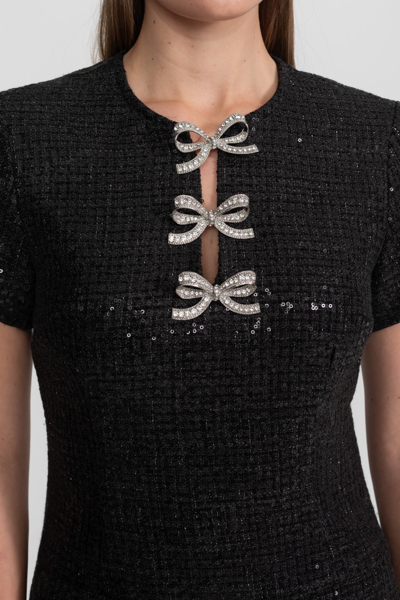 Sequin Mini Dress with Crystal Bow Accents - Black