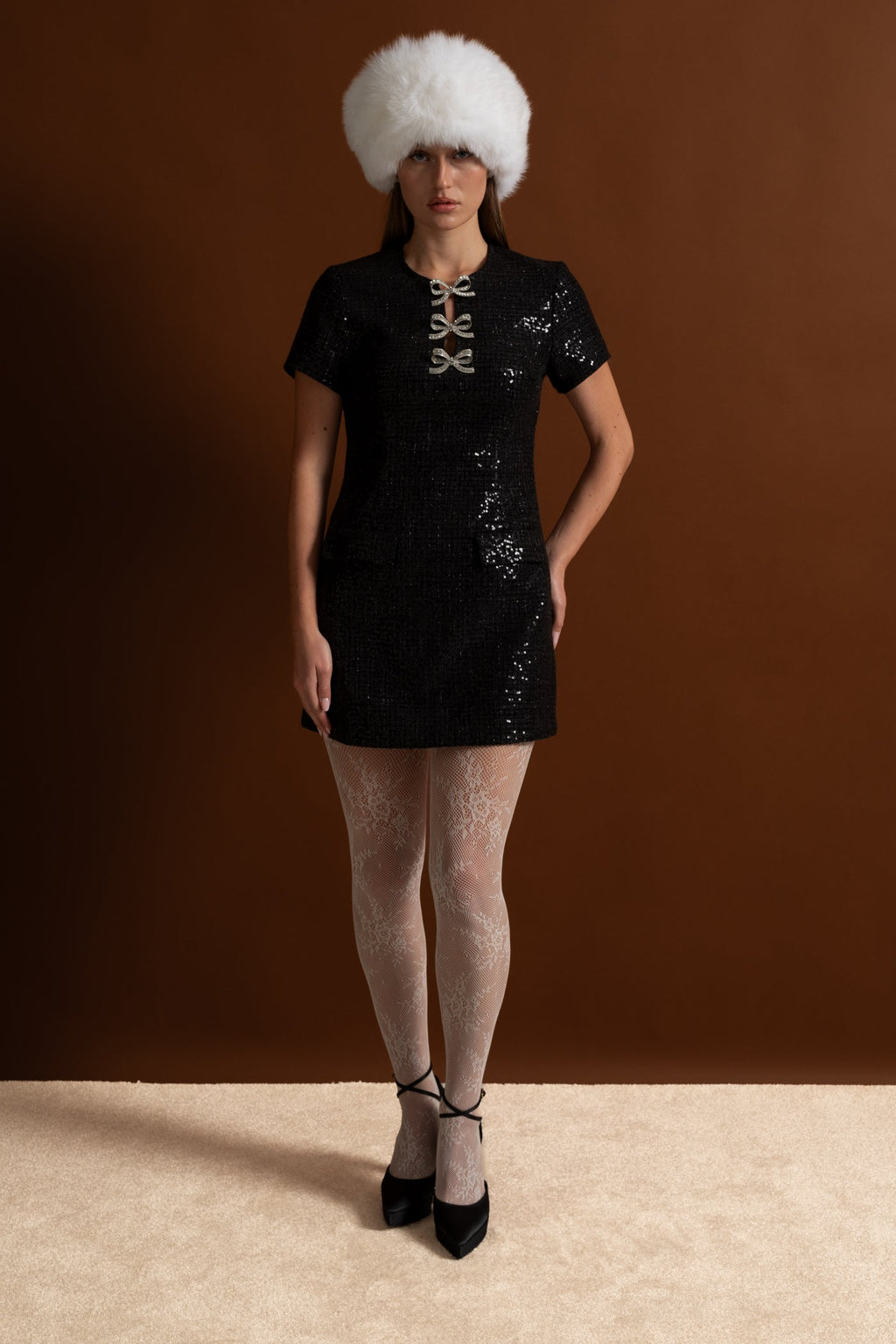 Sequin Mini Dress with Crystal Bow Accents - Black