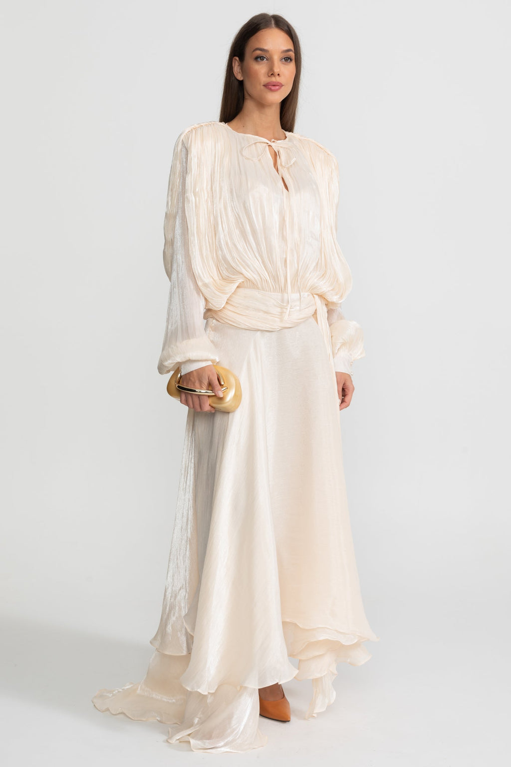 Maxi Dress with Pleated Bodice and Draped Skirt - Ivory