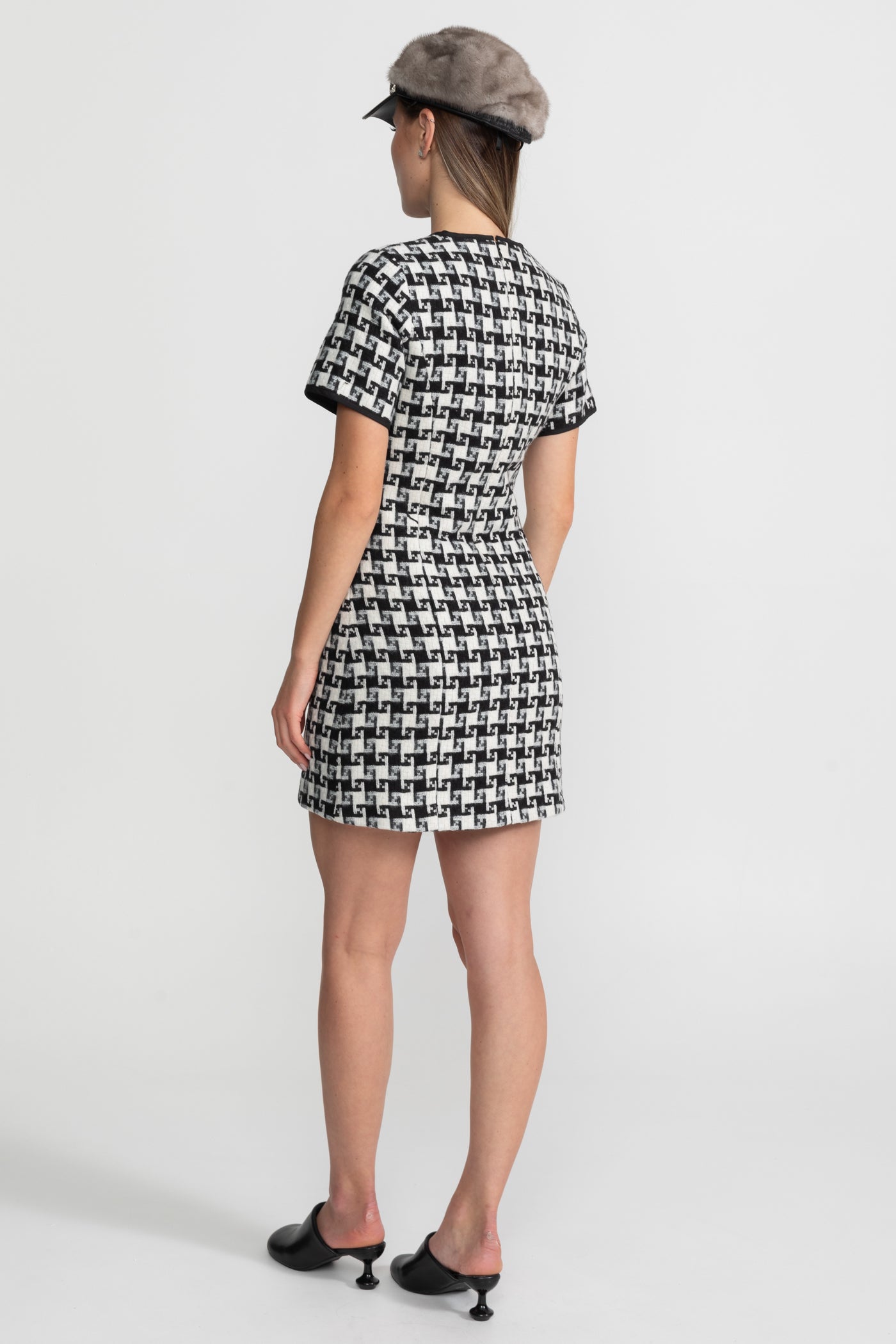 Velvet Bow Tweed Mini Dress With Check Pattern – Black And White