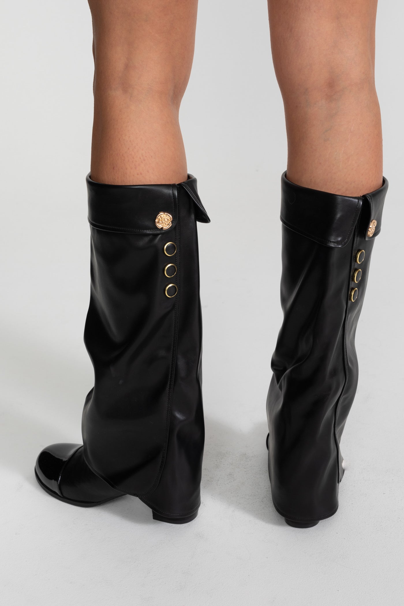 Folded Knee-High Boots With Patent Cap Toe - Black